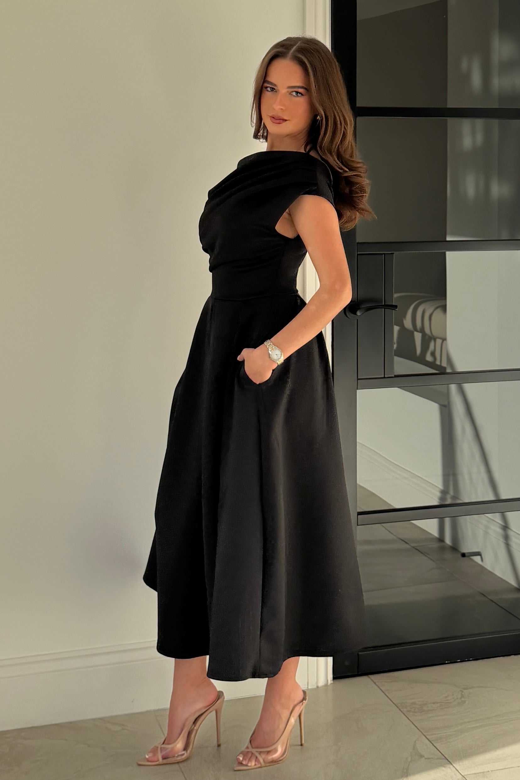 Betty Asymmetric Midi Dress Black | Girl In Mind | Wolf & Badger