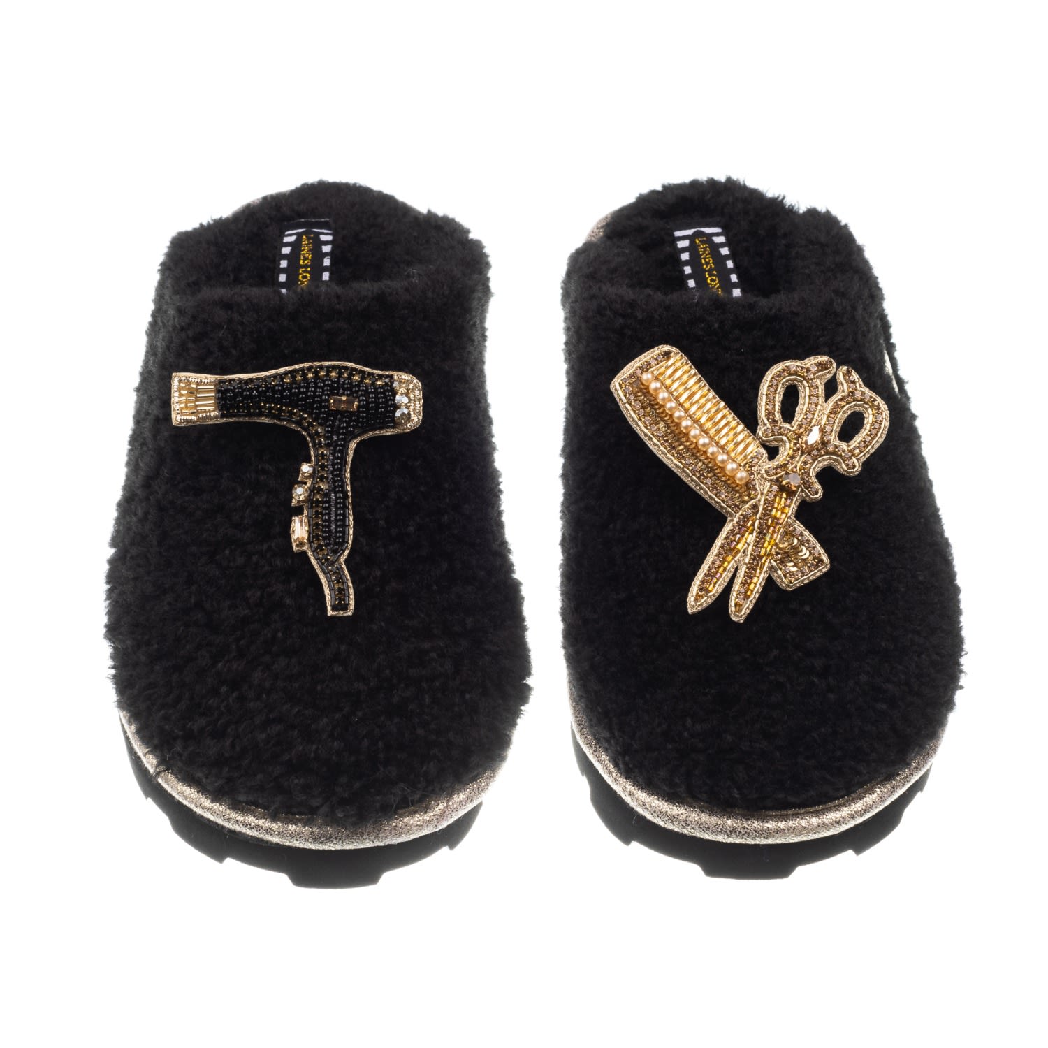Laines London Women's Teddy Closed Toe Slippers With Hairdresser Brooches - Black In Black