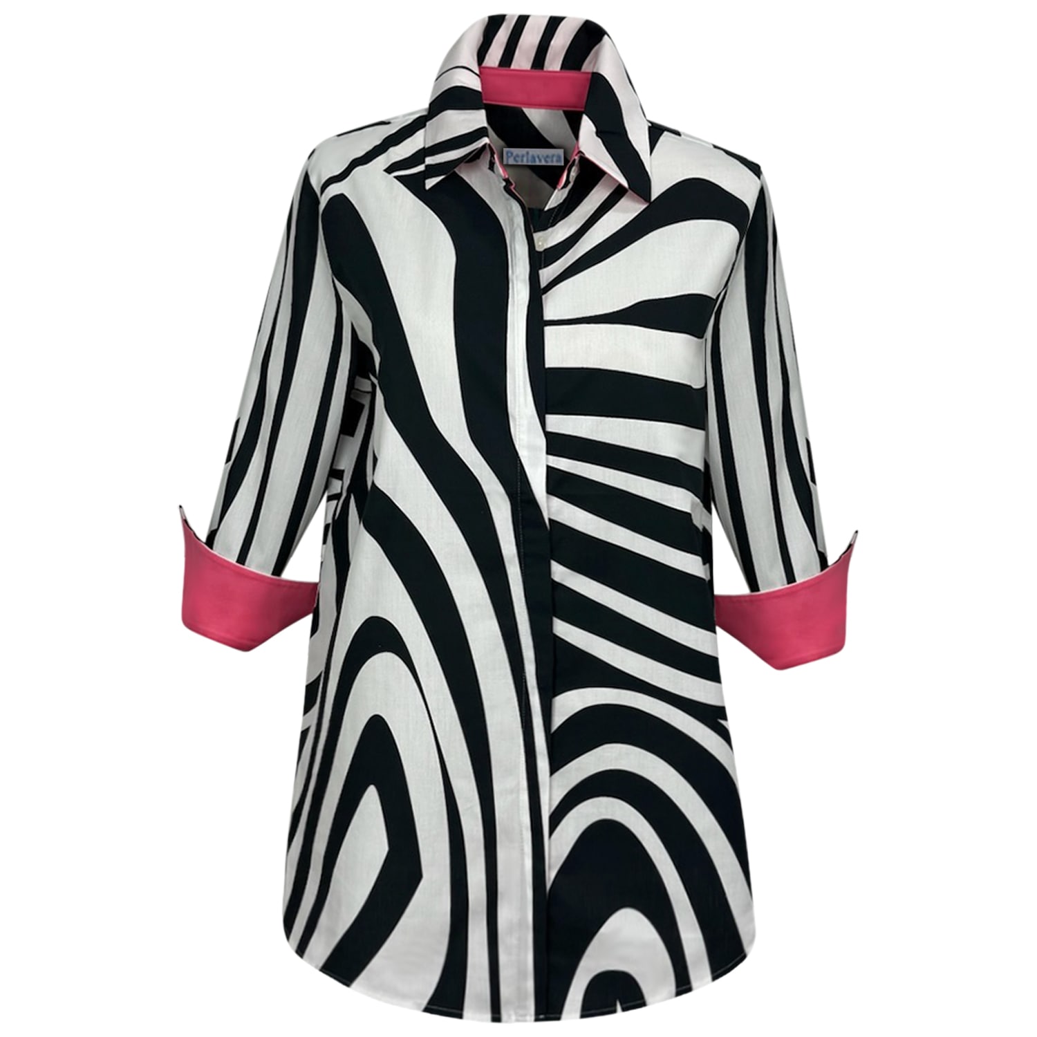 Perlavera Women's Black / White / Pink Cos Giant Zebra Black Printed Three Quarter Sleeve Shirt In Black/white/pink