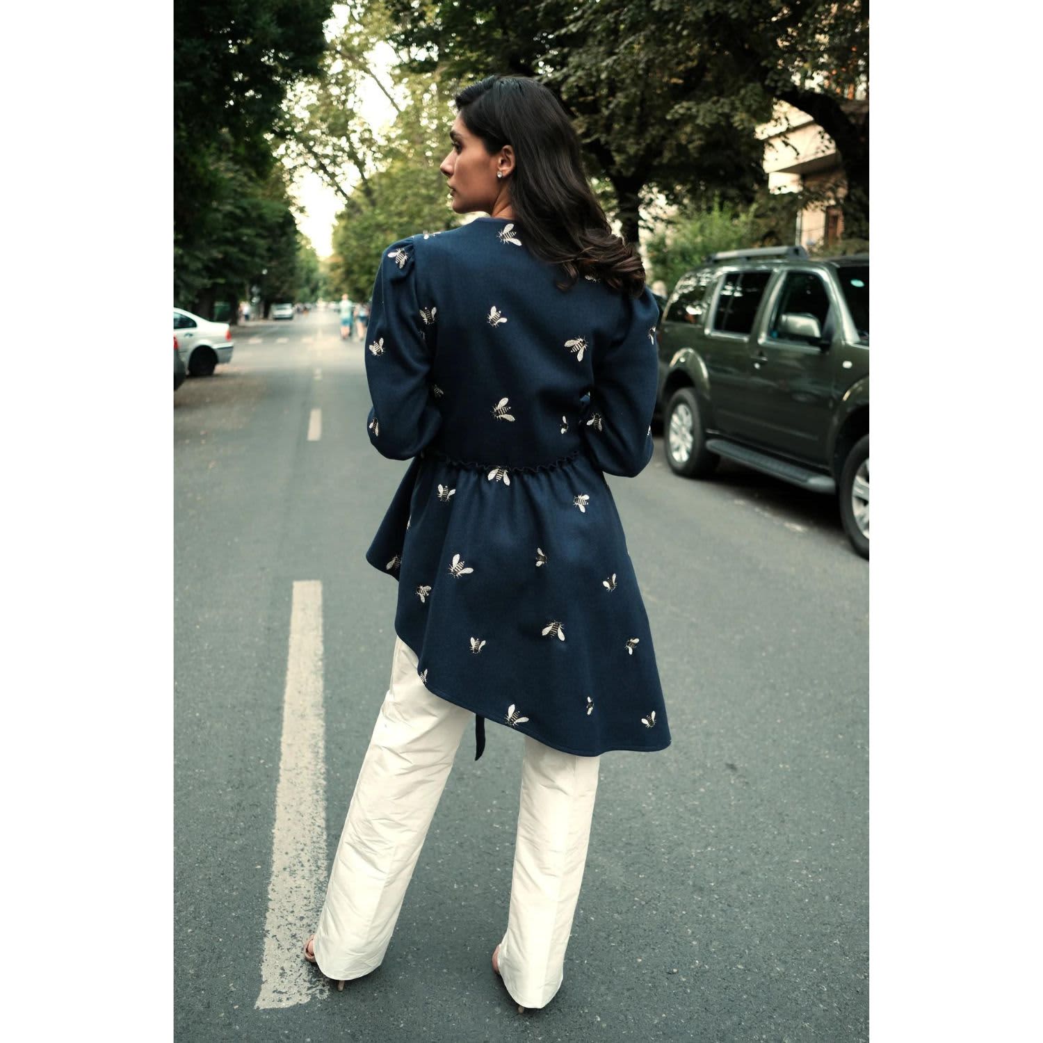 Navy Blue Jacket With Asymmetrical Lines And With Bees Embroidery, IZABELA  MANDOIU