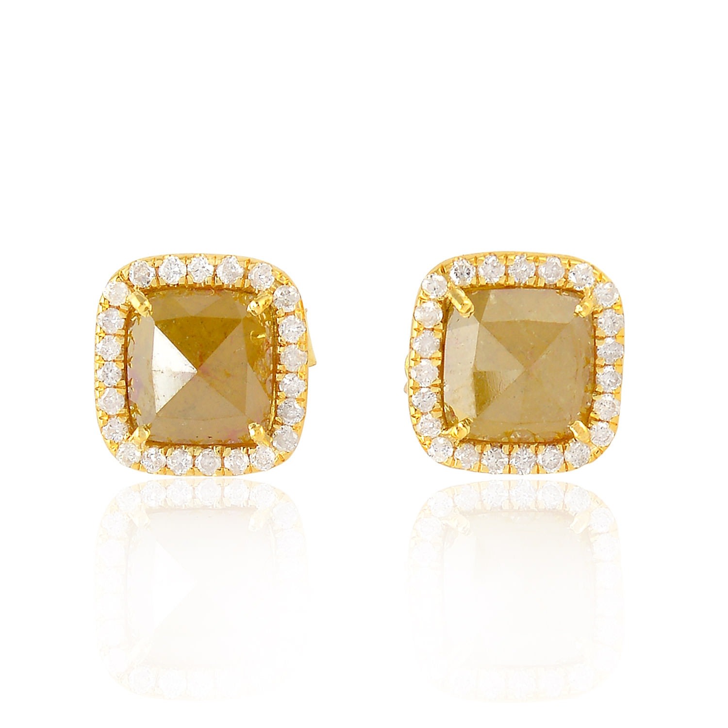 Artisan Women's White / Yellow / Orange Diamond 18k Solid Gold Square Shape Stud Earrings Jewelry