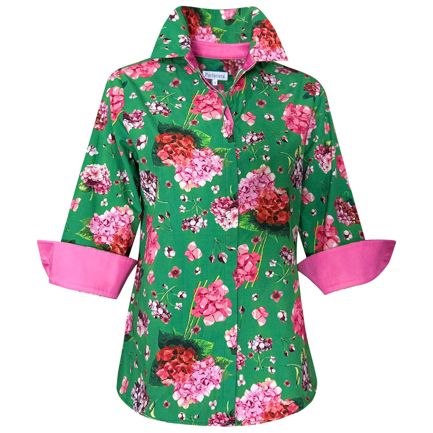 Perlavera Women's Green / Pink / Purple Cindy  Hydrangea Green Printed Three Quarter Sleeve Regular Slim Shirt