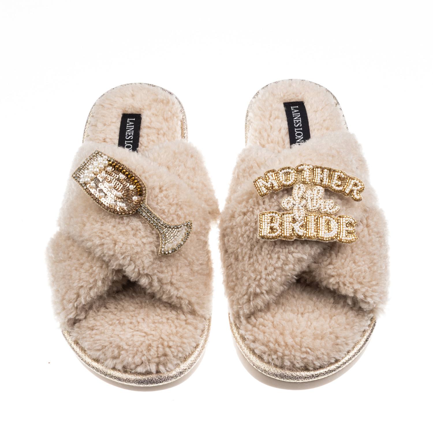 Laines London Women's Brown / Neutrals Laines Neutral Boucle Slippers With Mother Of The Bride Brooches - Oatmeal In Brown