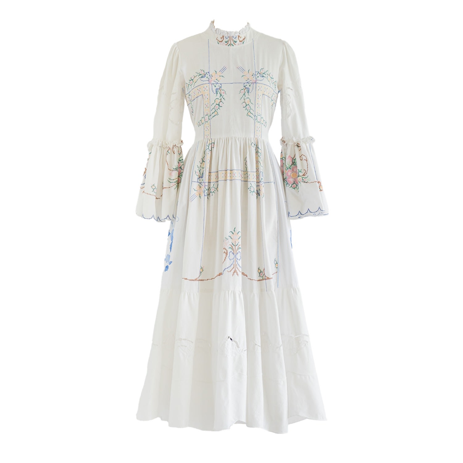 Women’s Re-Design Upcycled Cross-Stitch Embroidery White Maxi Dress Large Sugar Cream Vintage