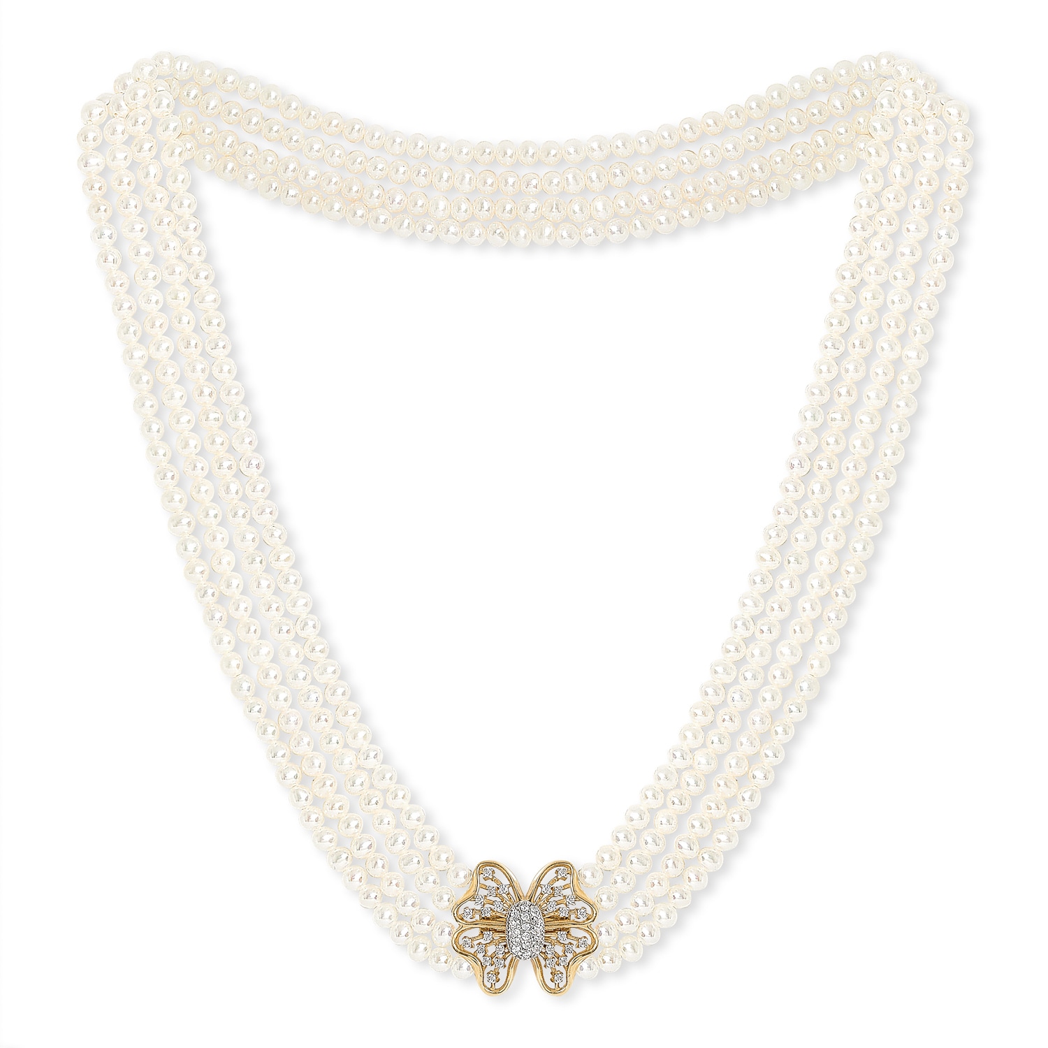 Pearls Of The Orient Online Women's Gold / White Stella Four Strand Small Cultured Freshwater Pearl Necklace With Butterfly Clas In Multi