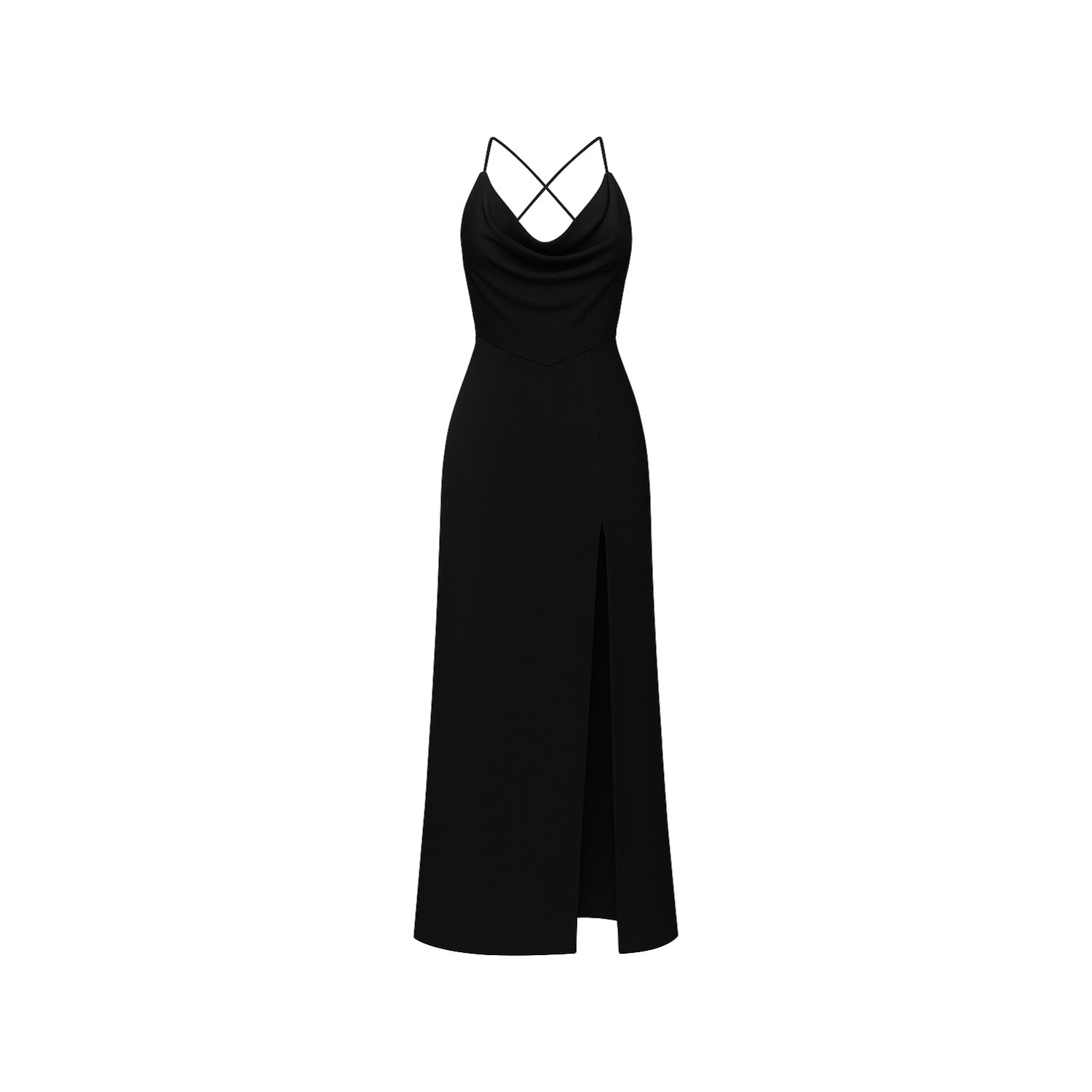 Nomi Fame Women's Aphrodite Black Draped Cowl Neck Evening Gown With Slit And Crossed Straps