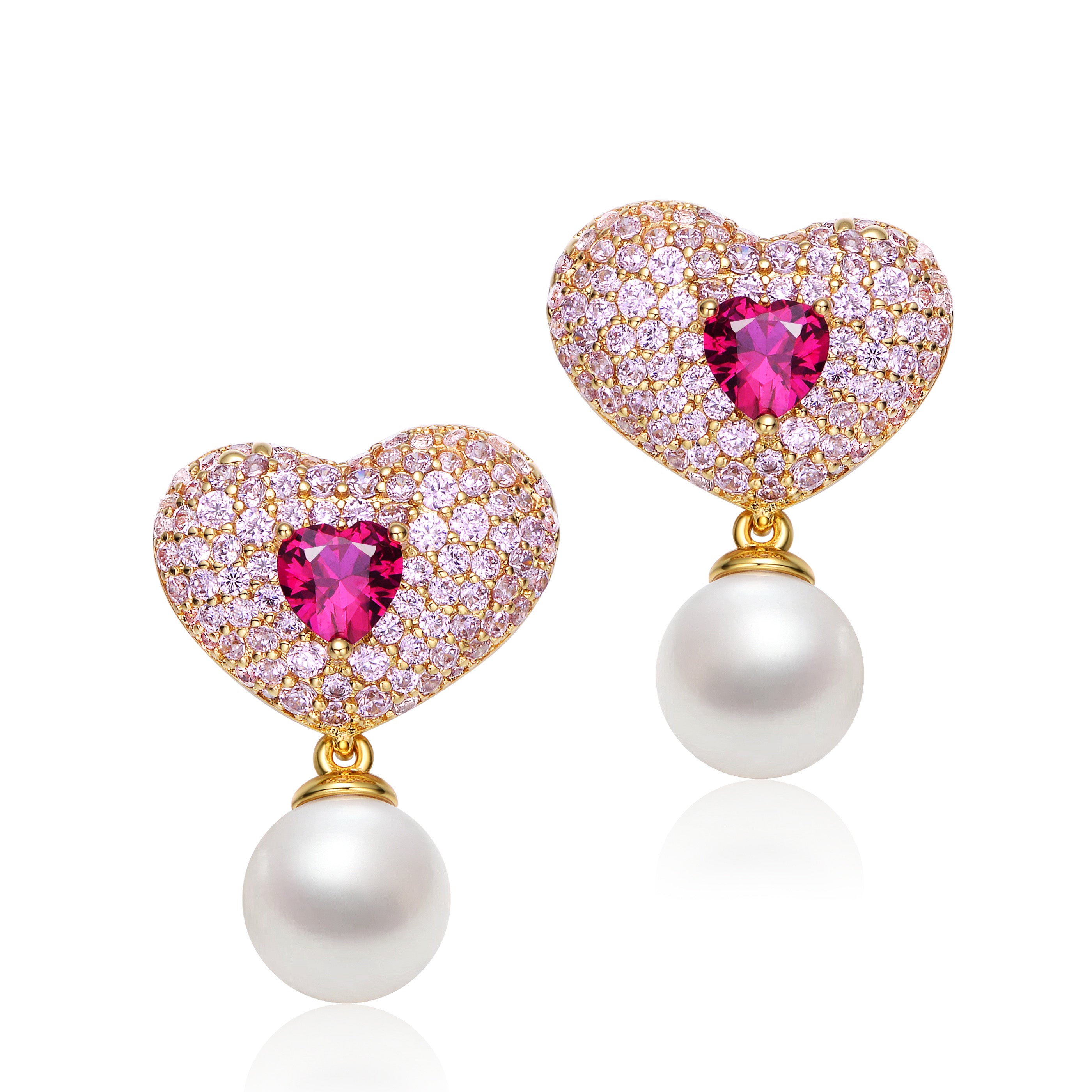 Women’s Gold / Pink / Purple Sterling Silver Gold Plated Ruby Cubic Zirconia & Pearl Heart Drop Butterfly Earrings Genevive Jewelry