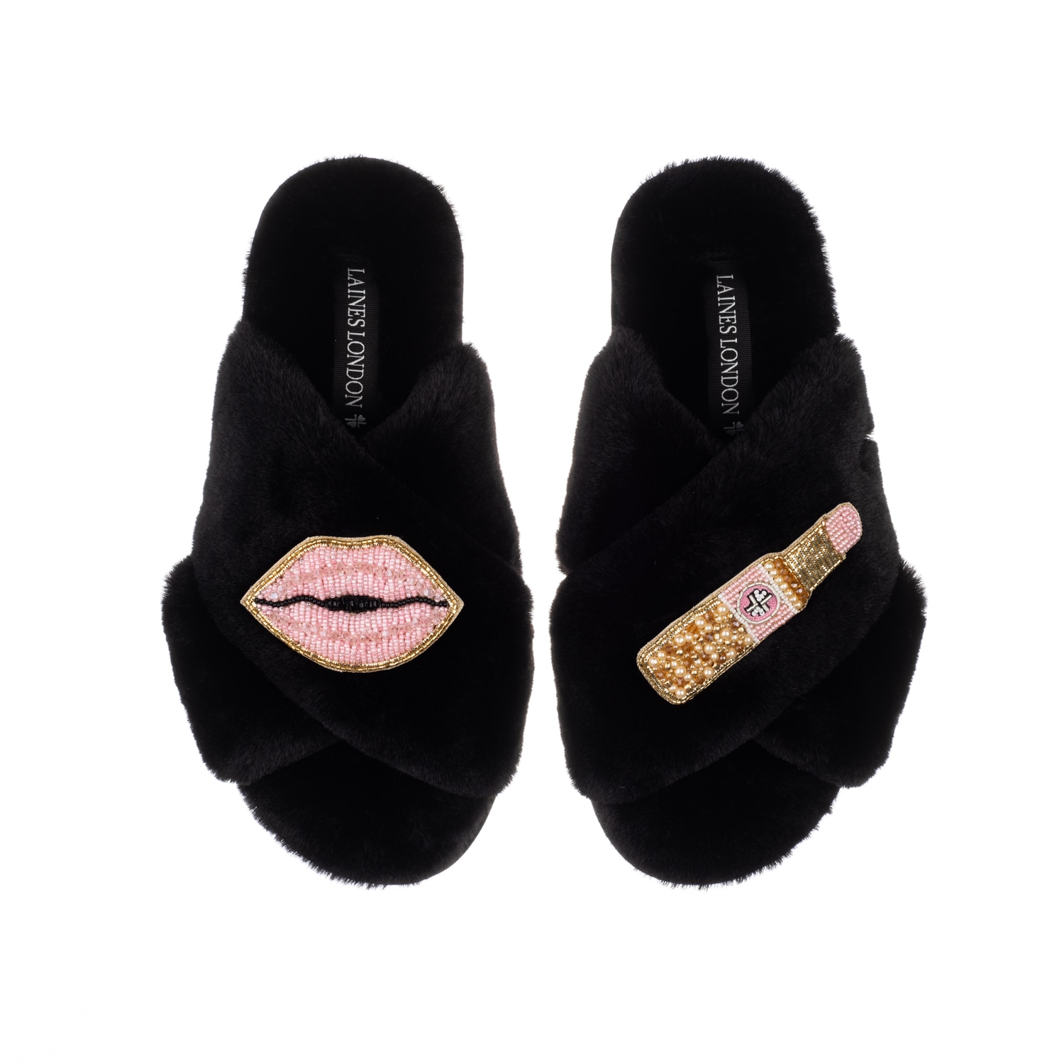 Laines London Women's Classic Laines Slippers With Pink Lipstick & Lips Brooches - Black In Black