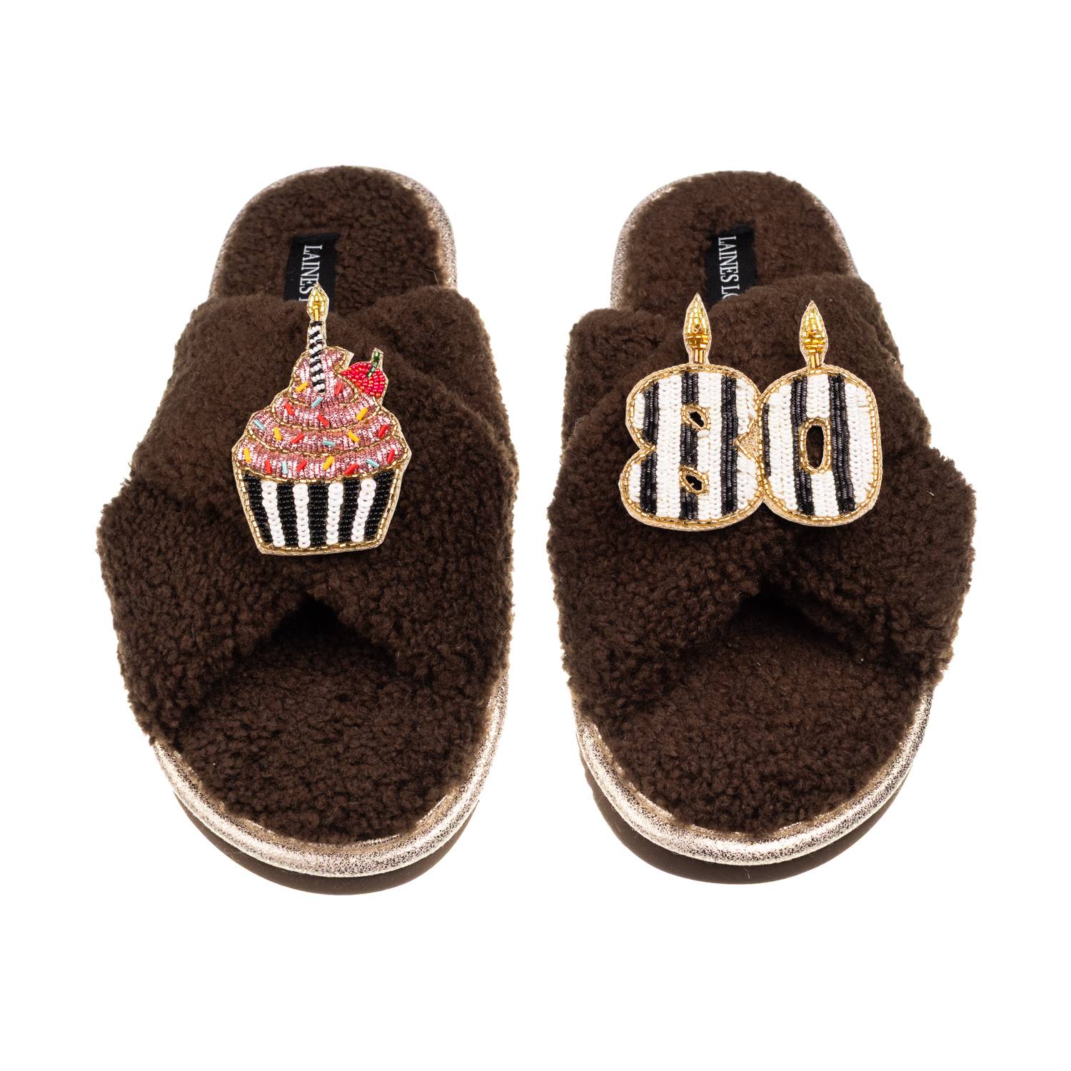 Laines London Women's Brown / Neutrals Laines Neutral Boucle Slippers With Stripe 80th Birthday & Cake Brooches - 