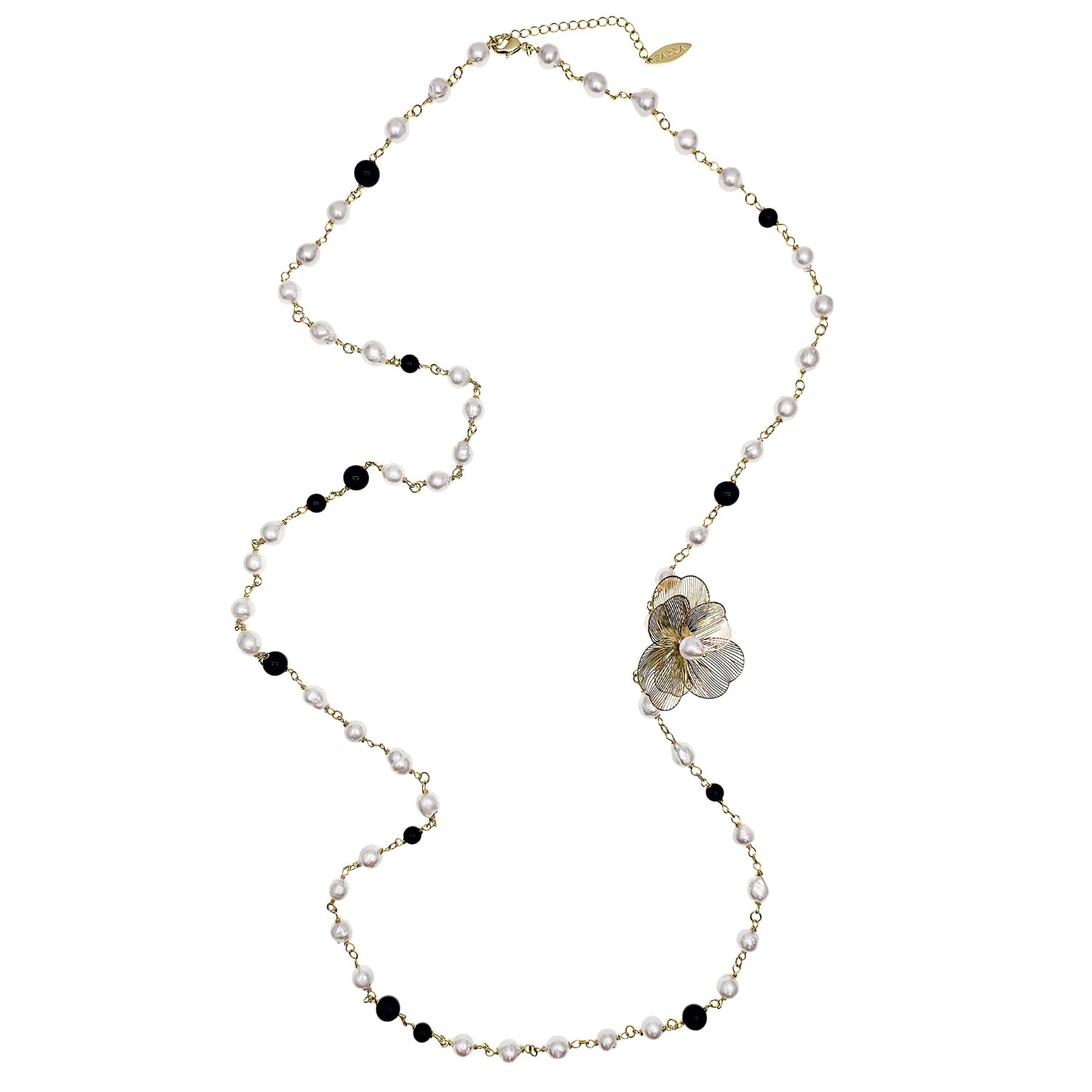 Farra Women's White Freshwater Pearls And Black Obsidian With Flower Charm Long Necklace
