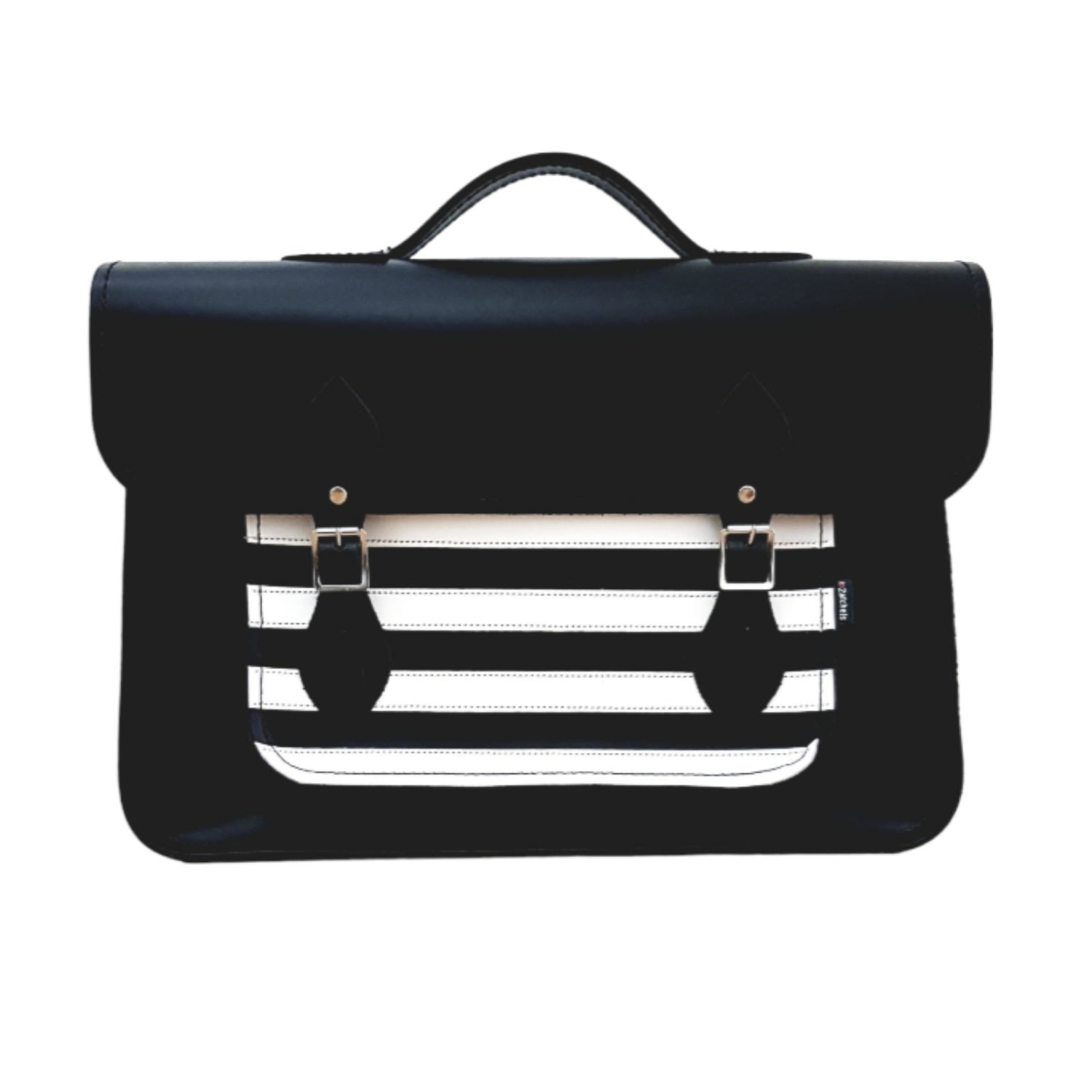 Zatchels Women's Black / White Handmade Leather 16 Inch Satchel - Gothic Striped White & Black In Black/white