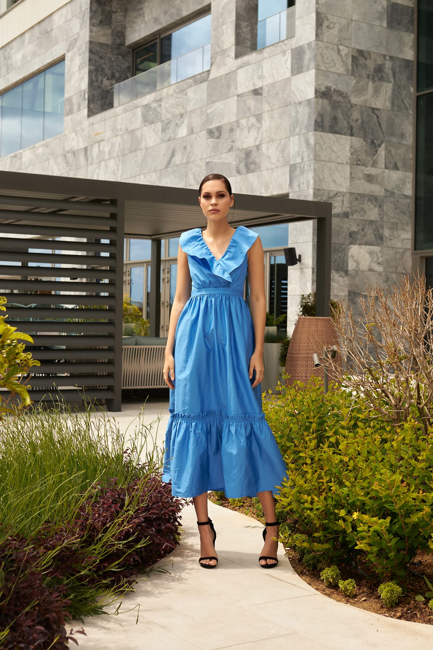 The Erin Frill Maxi Dress In Cornflower Blue by Lavaand