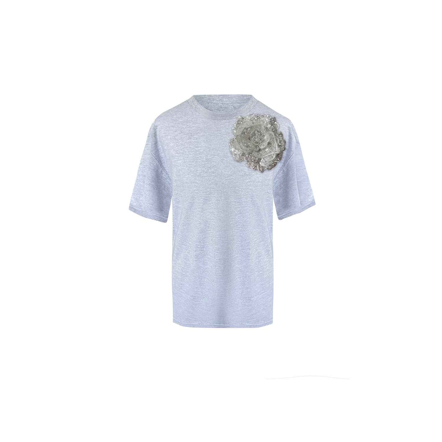 Toma Women's Flower Grey Cotton T-shirt With Top Side Silver Sequin Rose In Gray