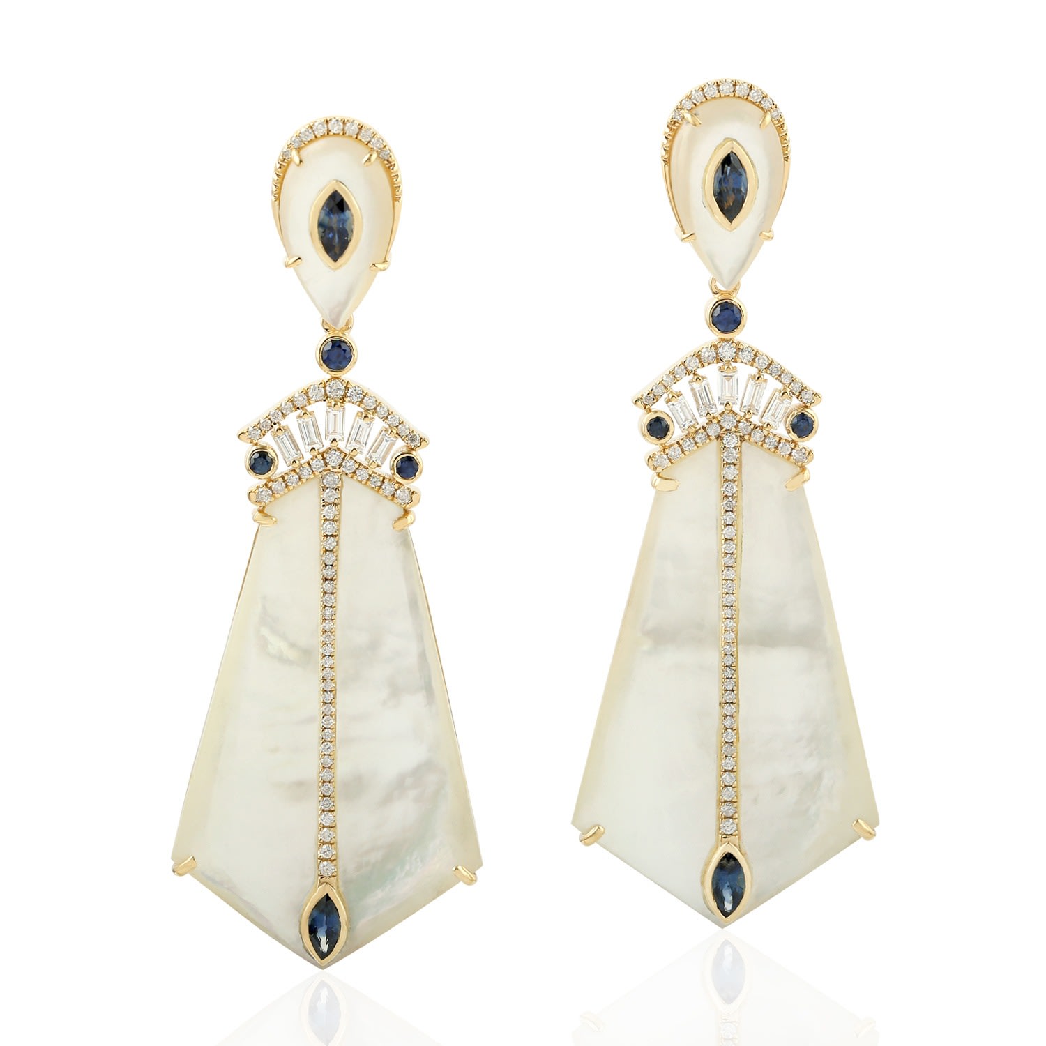 Women’s White / Blue Mother Of Pearl Diamond Dangle Earrings 18K Yellow Gold Blue Sapphire Jewelry Artisan