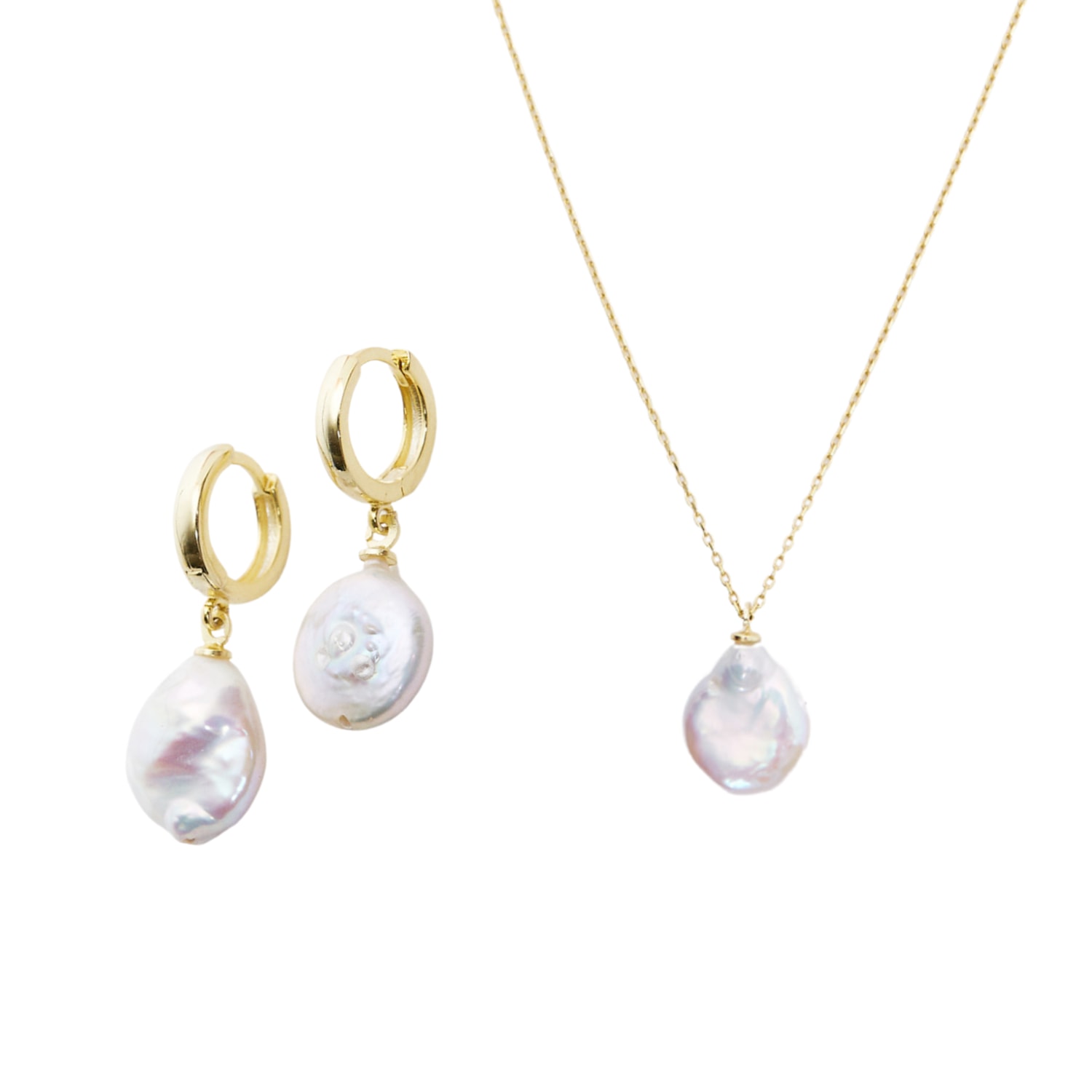 Women’s Baroque Flat Pearl Pendant Necklace & Earring Sterling Silver Set - Gold Spero London