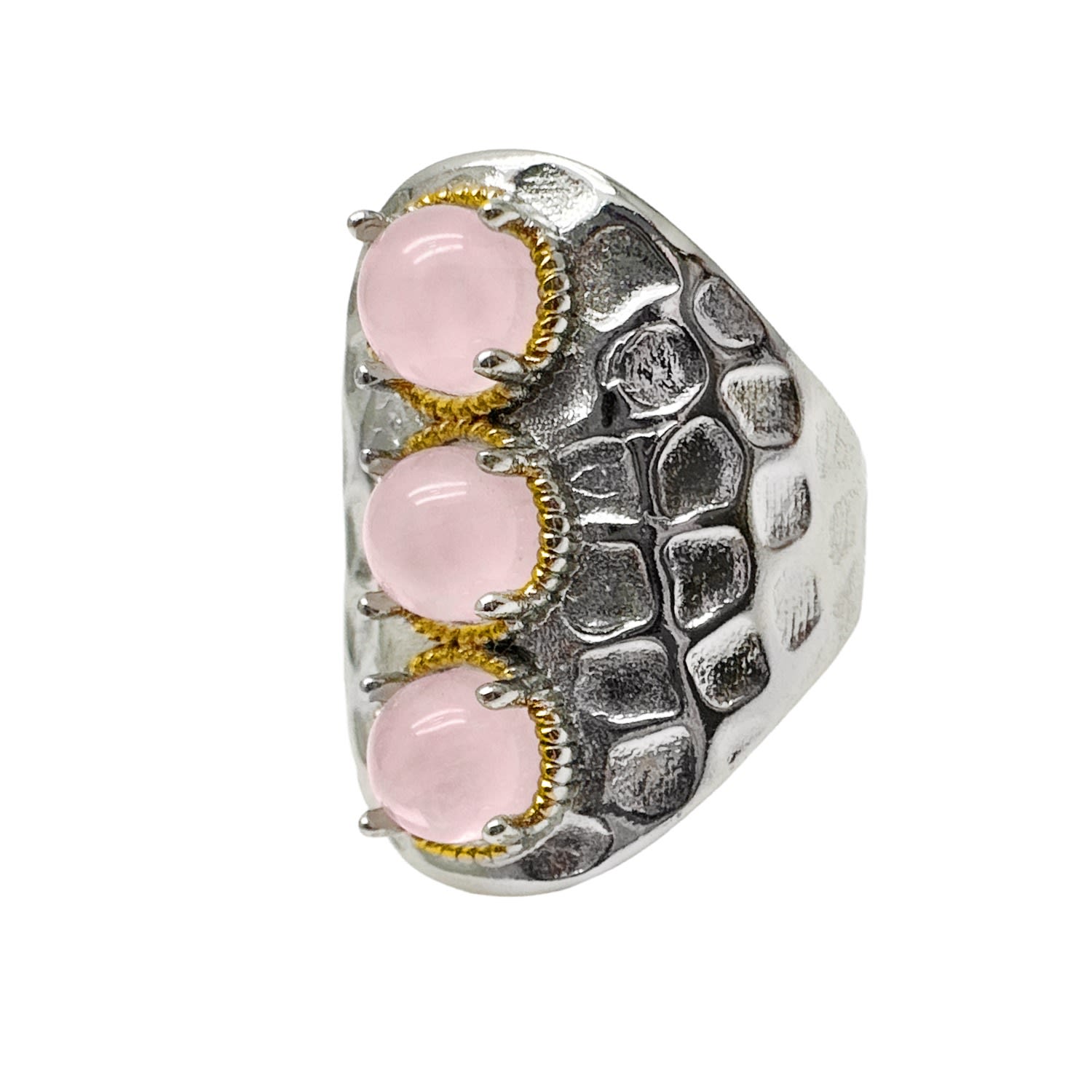 Farra Women's Silver / Pink Rose Quartz Stones Nugget Adjustable Ring In Multi