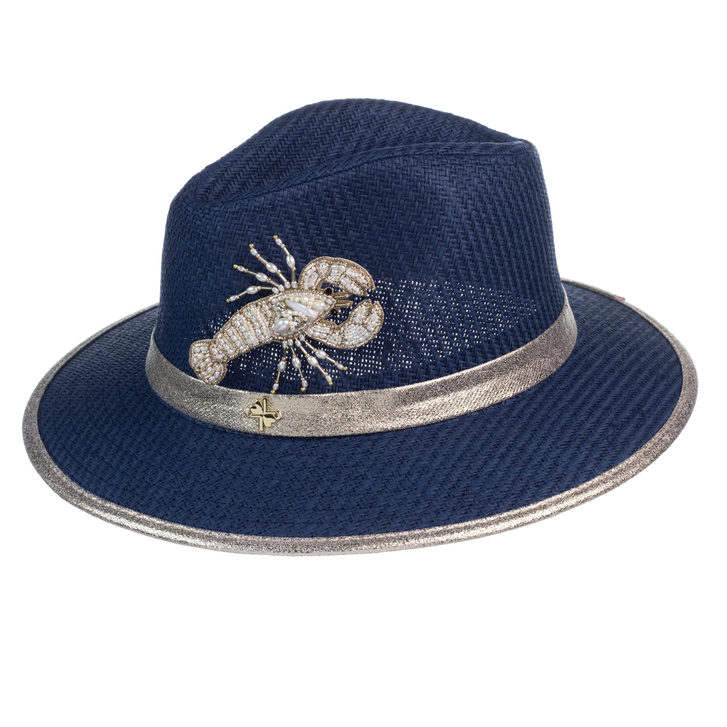 Women’s Blue Straw Woven Hat With Pearl Beaded Lobster - Navy One Size Laines London