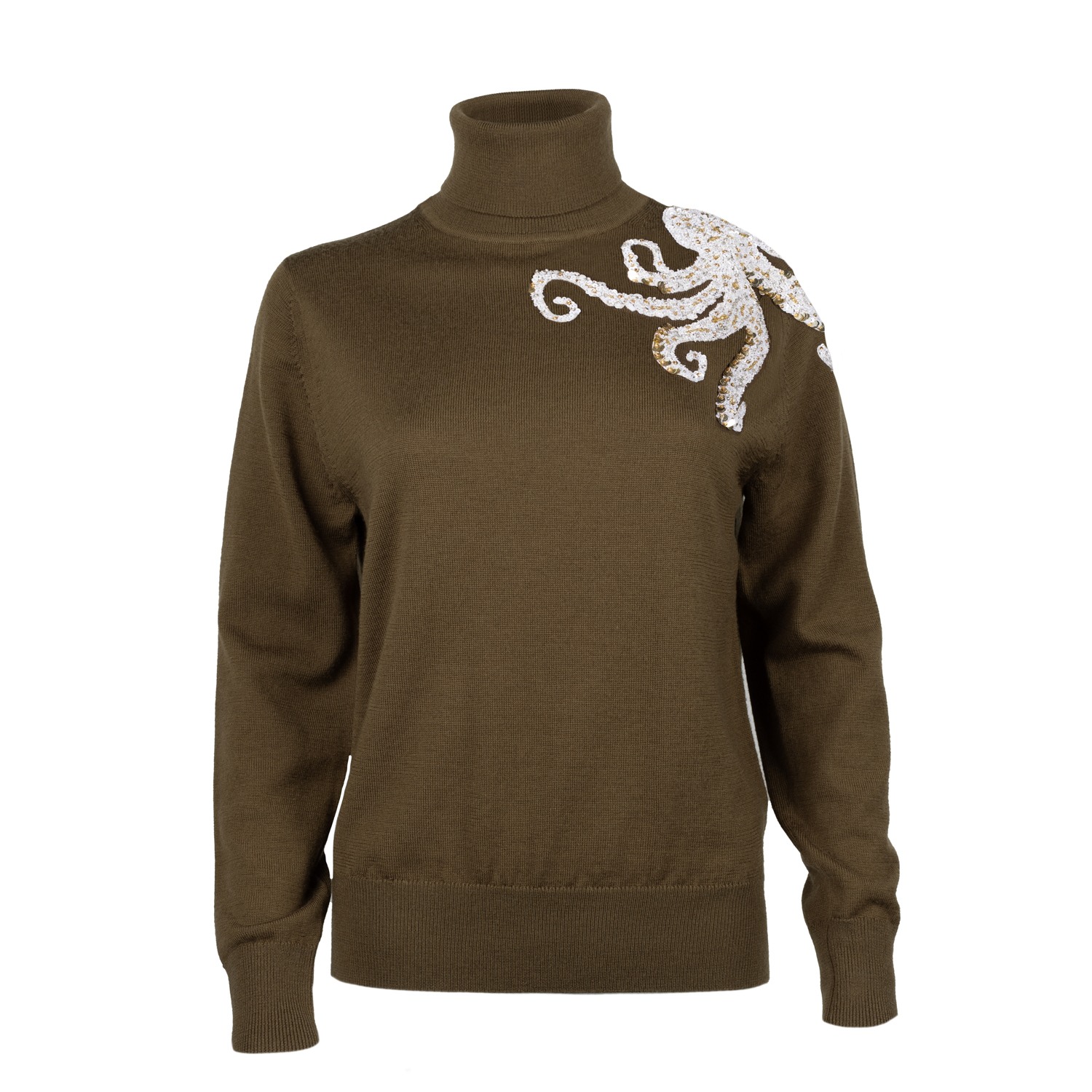 Laines London Women's Green / Neutrals / Gold Laines Couture Wrap Octopus Hand Embellished Knitted Roll Neck - Kha In Green/gold
