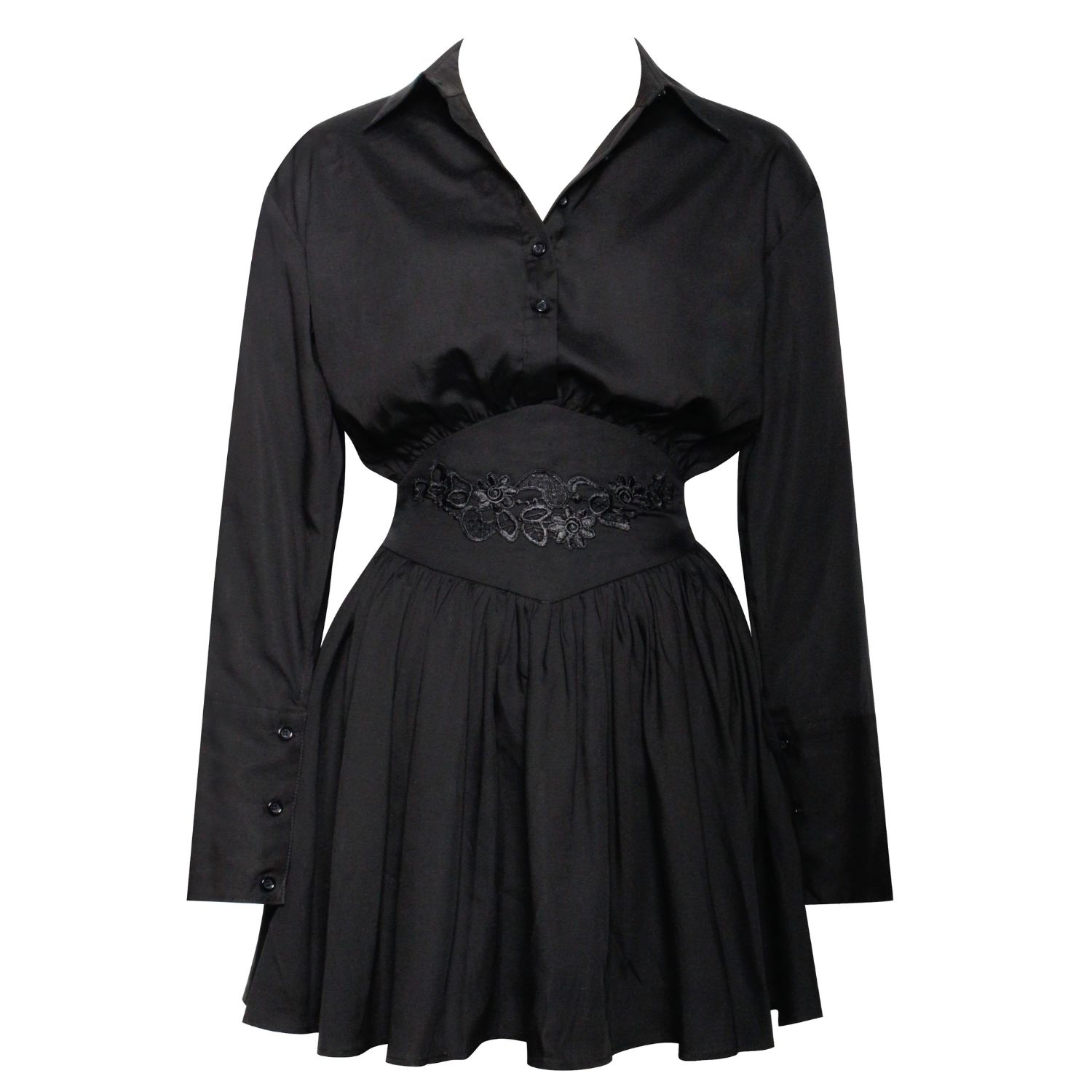 Miss Circle New York Women's Jamila Black Shirt Mini Dress With Embroidered Waist Detail