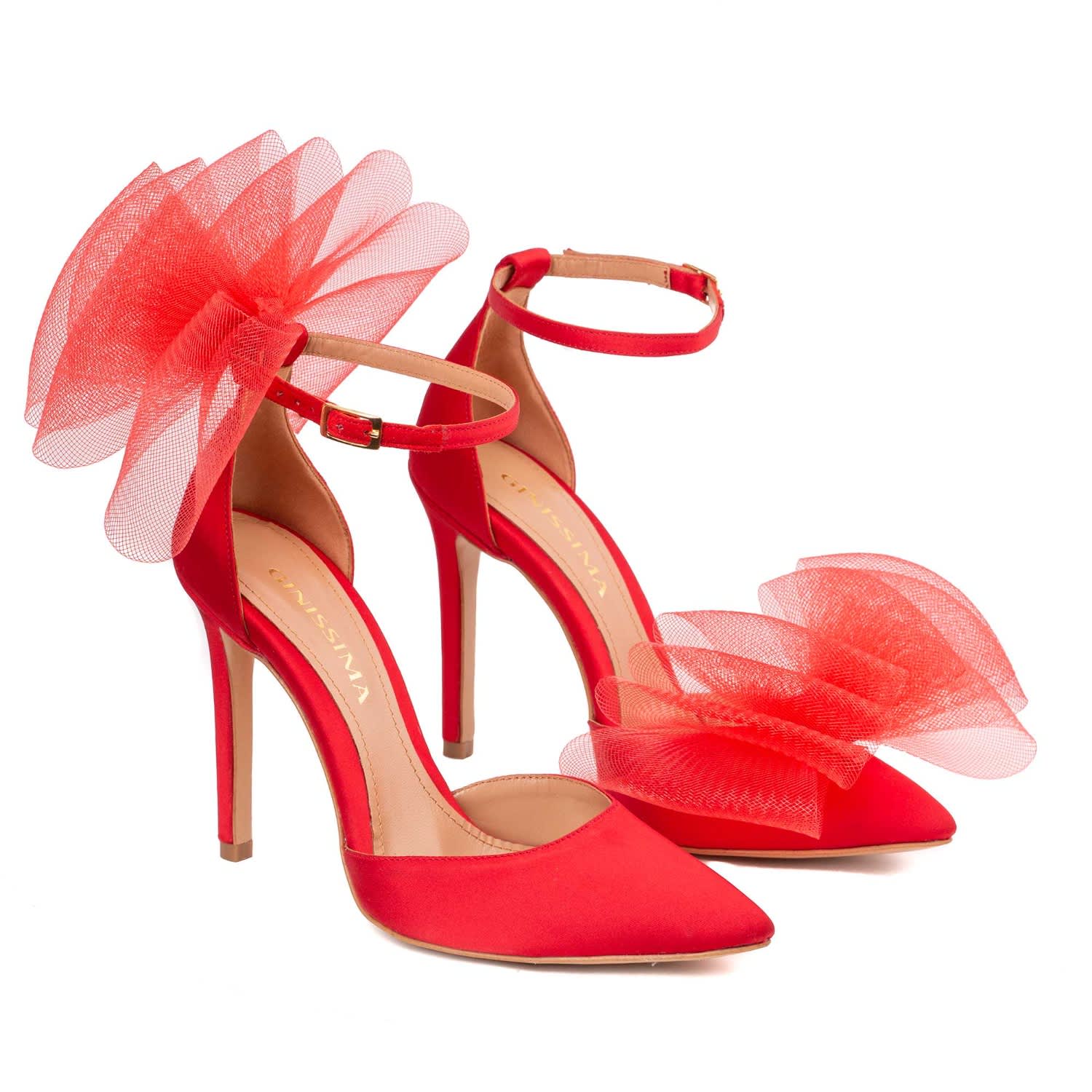 Red satin deals heels with bow