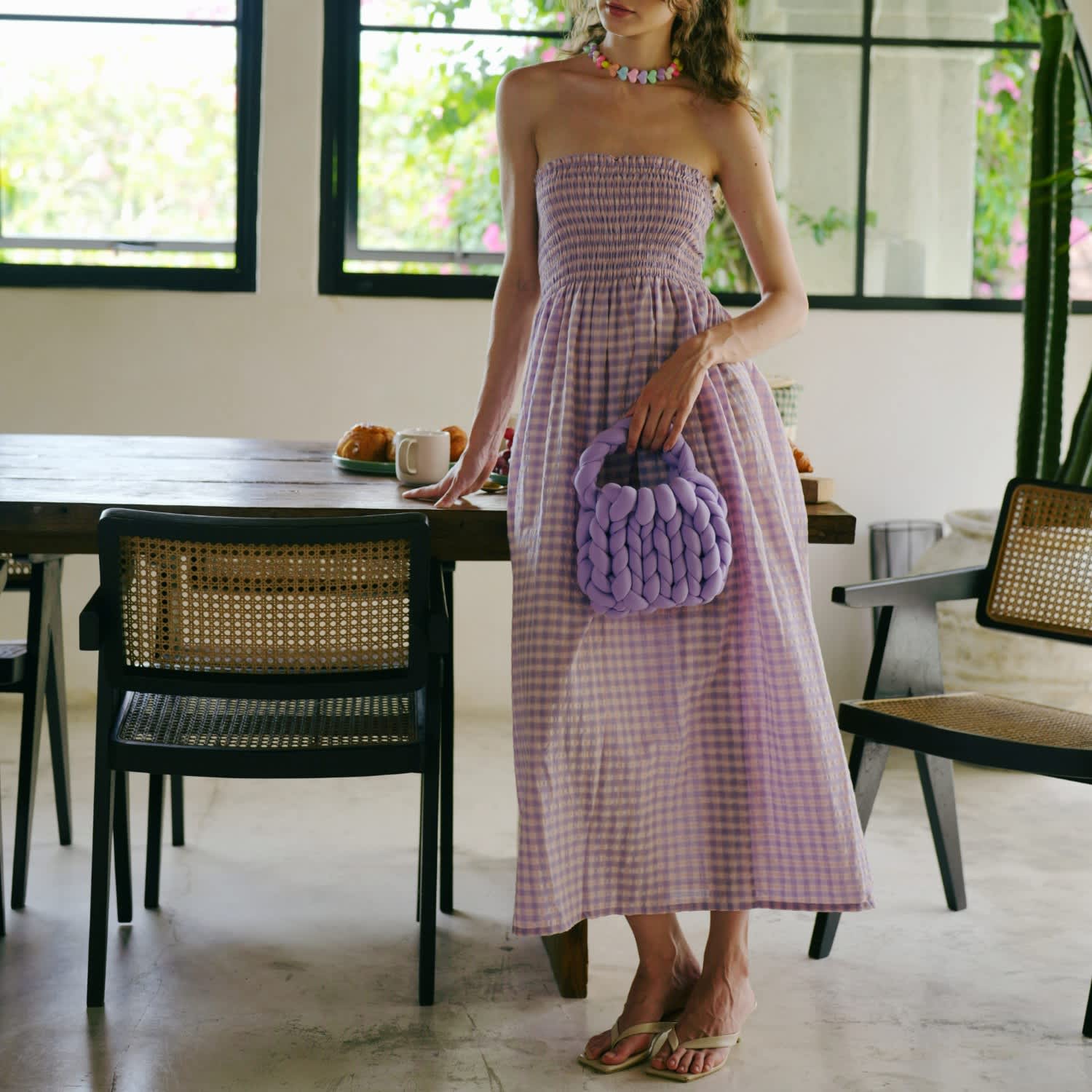 open lace back dress Willow Purple Gingham Maxi Dress – Strappy Summer Style – Boho Rhapsody main image 0