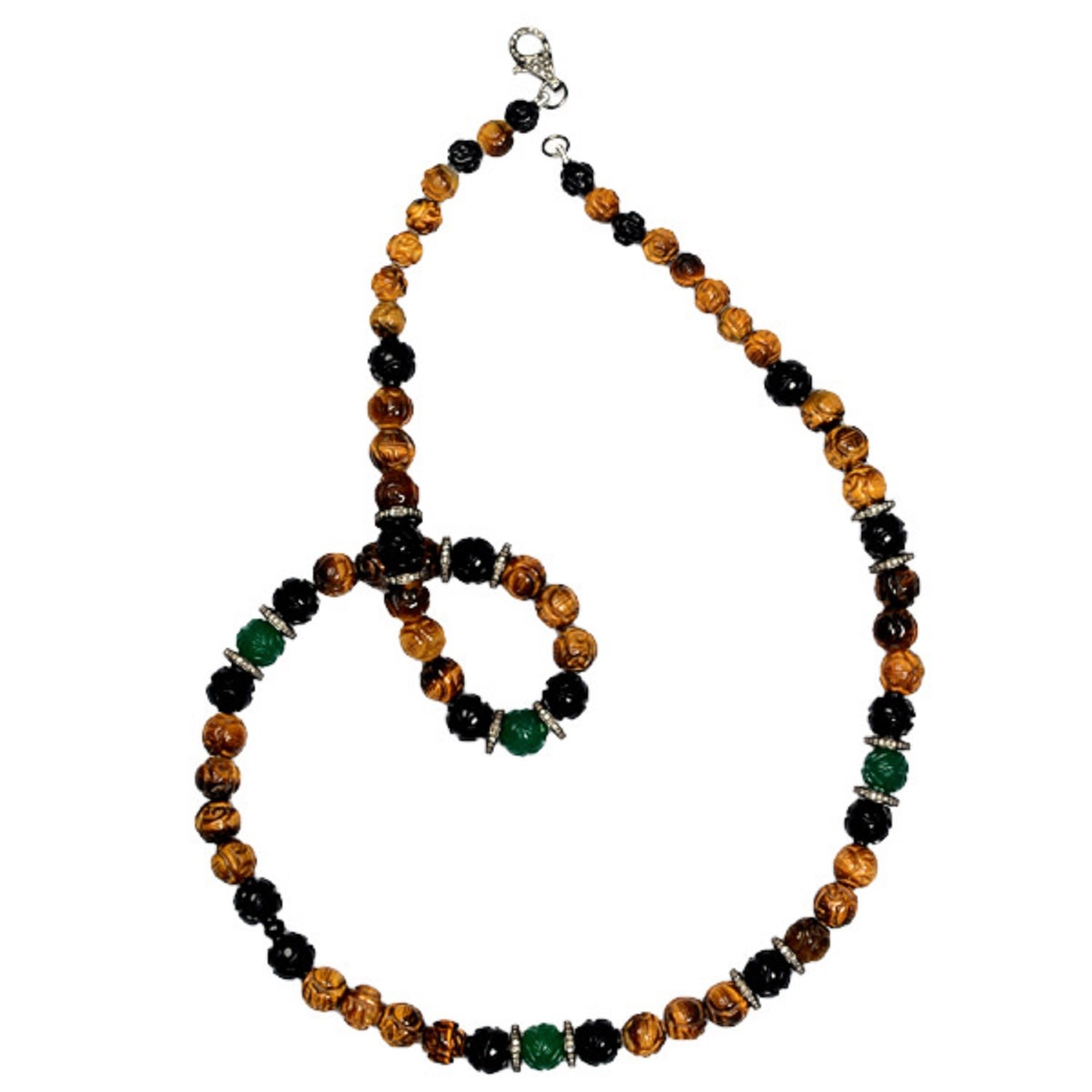 Women’s Carving Onyx Tiger Eye Diamond Beaded Necklace 925 Sterling Silver Jewelry Artisan