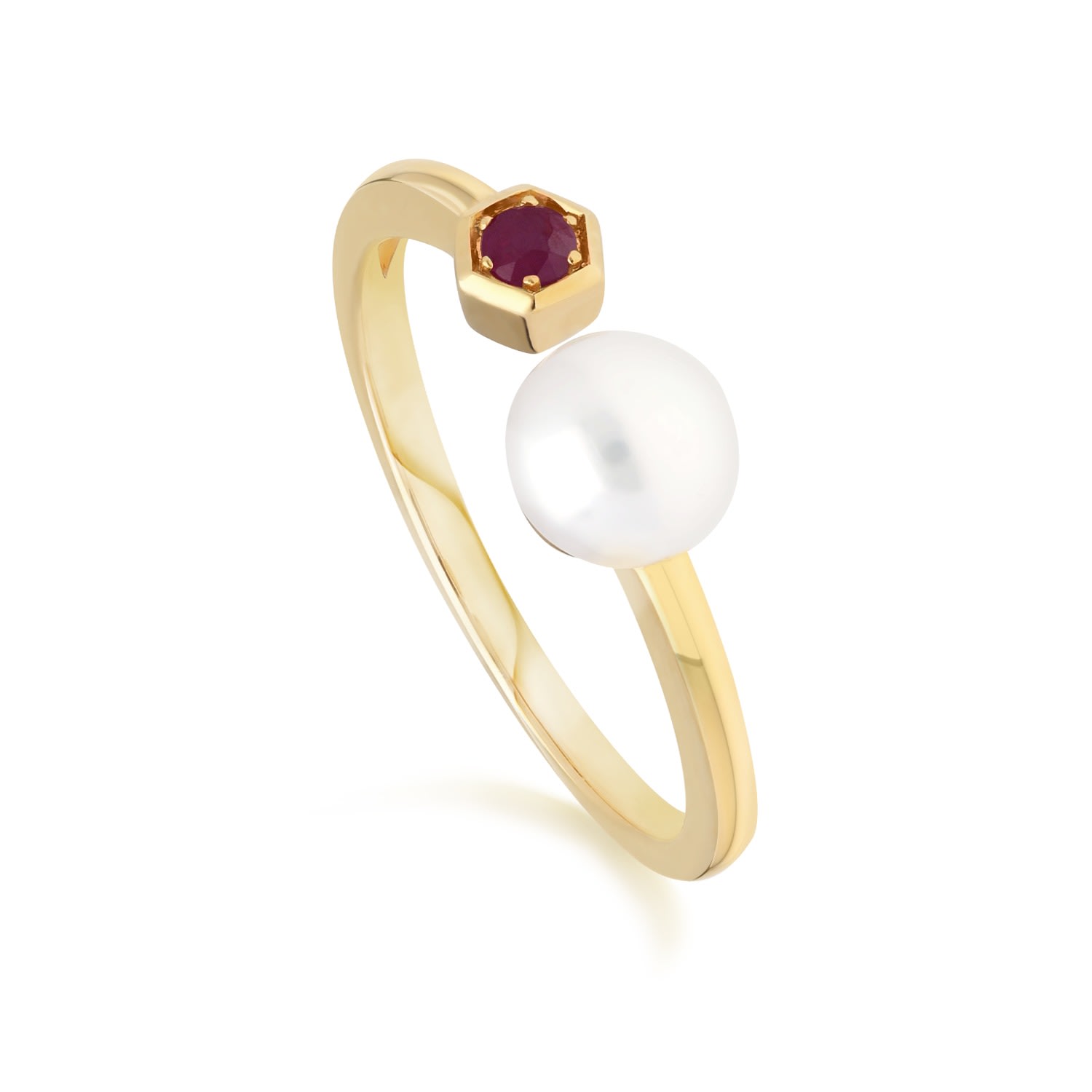 Women’s Red Modern Pearl & Ruby Open Ring In 9Ct Yellow Gold Gemondo