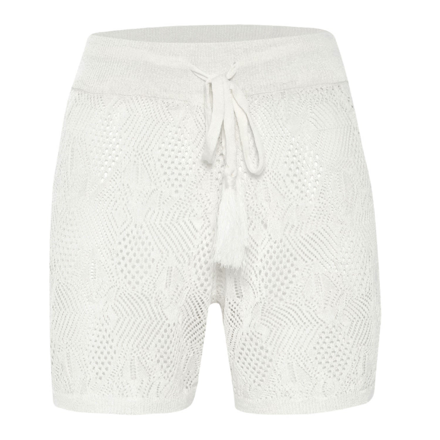 White Emma Shorts Lace Knitted Elastic Waist Women’s Knitwear Mini Shorts - Ecru Medium Peraluna