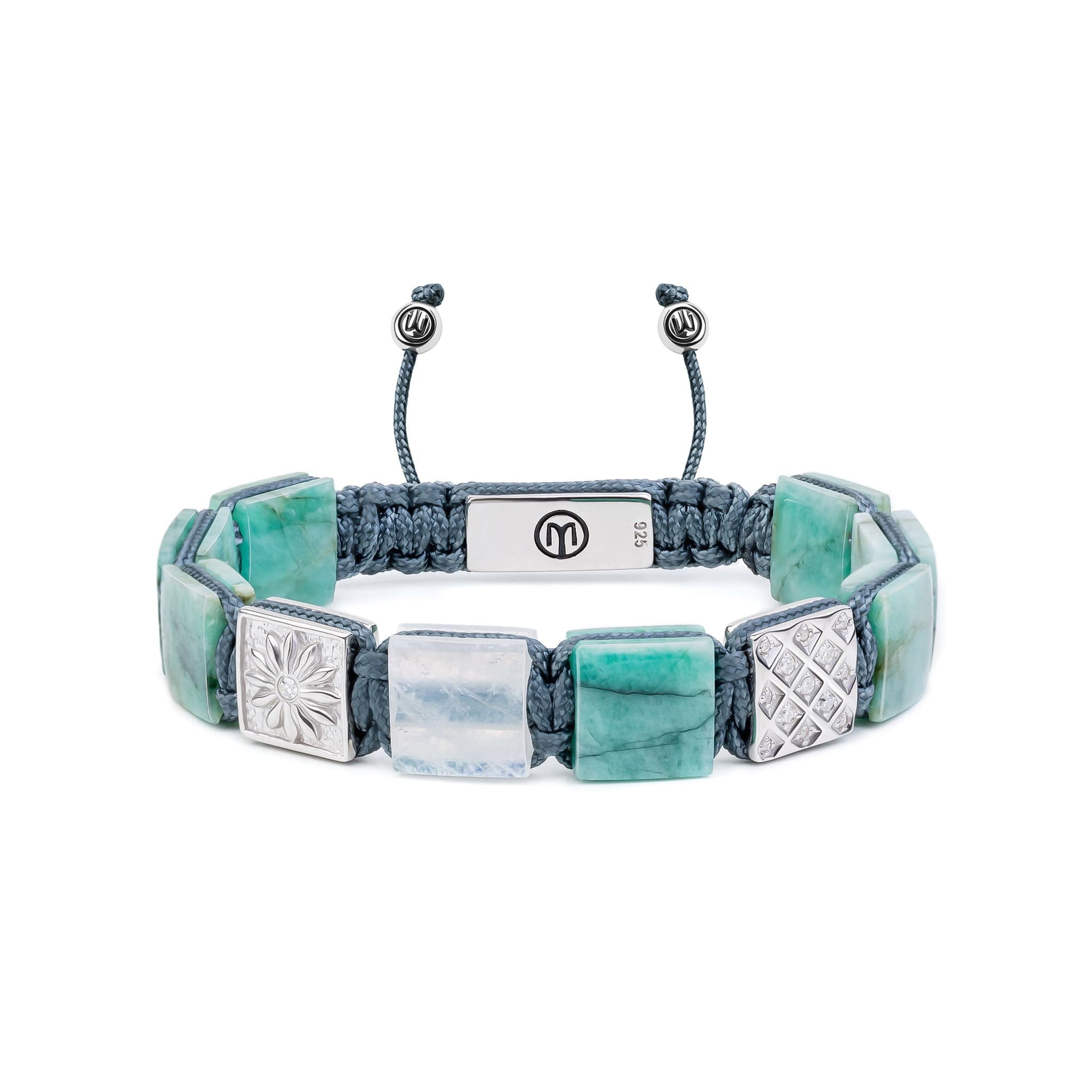 Mahigan Women's Grey / Silver / Green Emerald Flat-bead Bracelet With Rainbow Moonstone In Silver  - 10mm