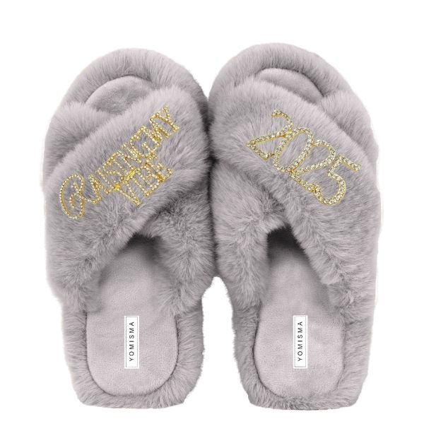 Yomisma Women's Faux Fur Slippers - Global Recycled Standard Certified "raising My Vibe + 2025" Embellishmen In Grey