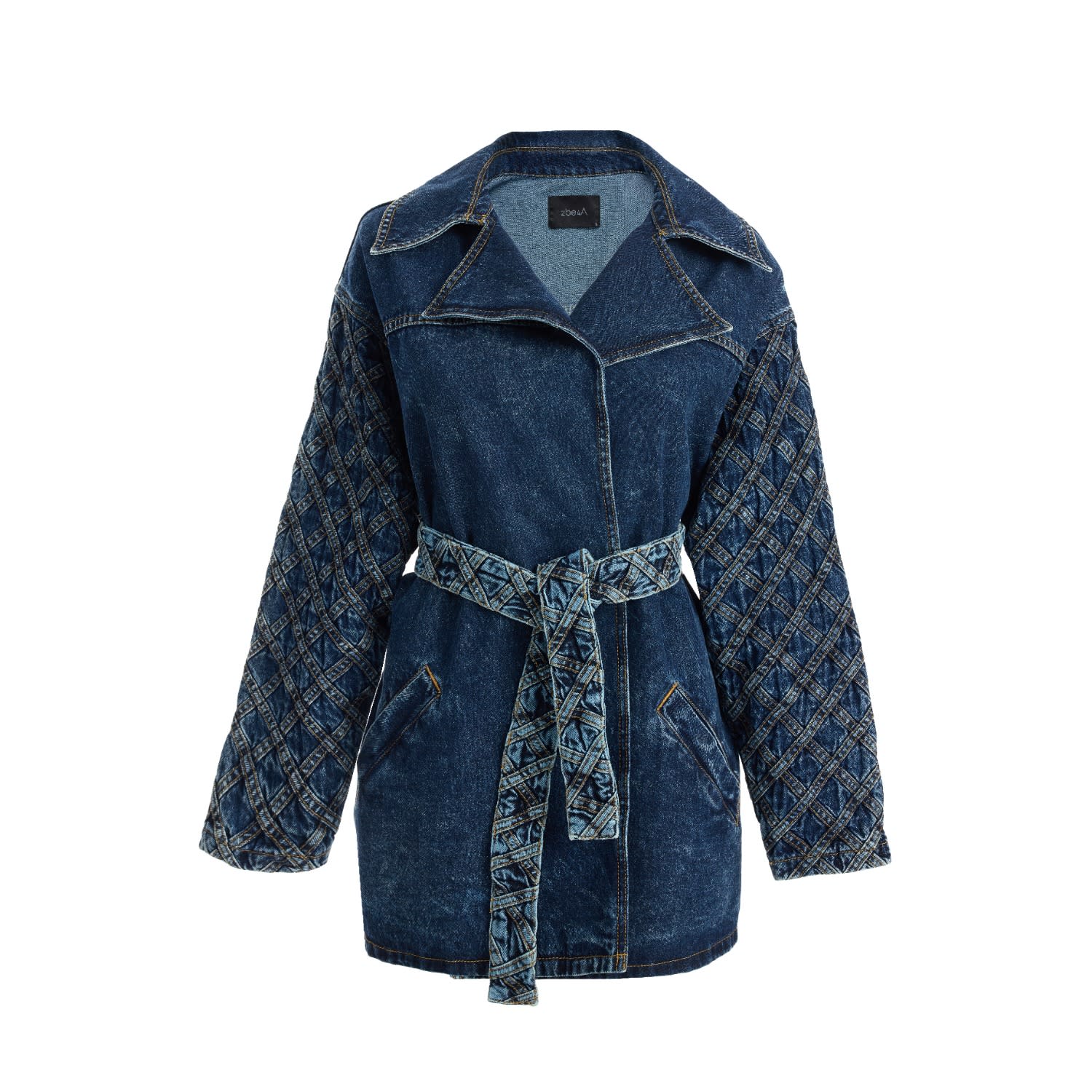 2be4a Blue Women's Stripe Patterned Belted Denim Jacket In Blue
