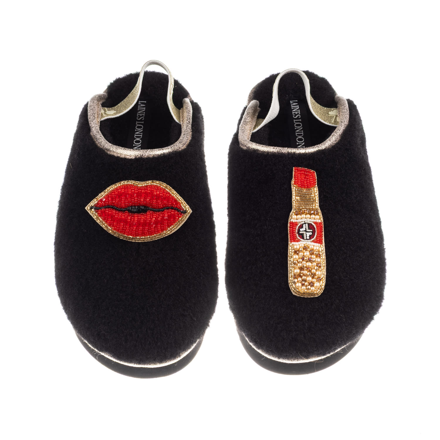 Laines London Women's Black / Gold Flatform Cloud Slippers With Red Lips & Lipstick Brooches - Black In Multi