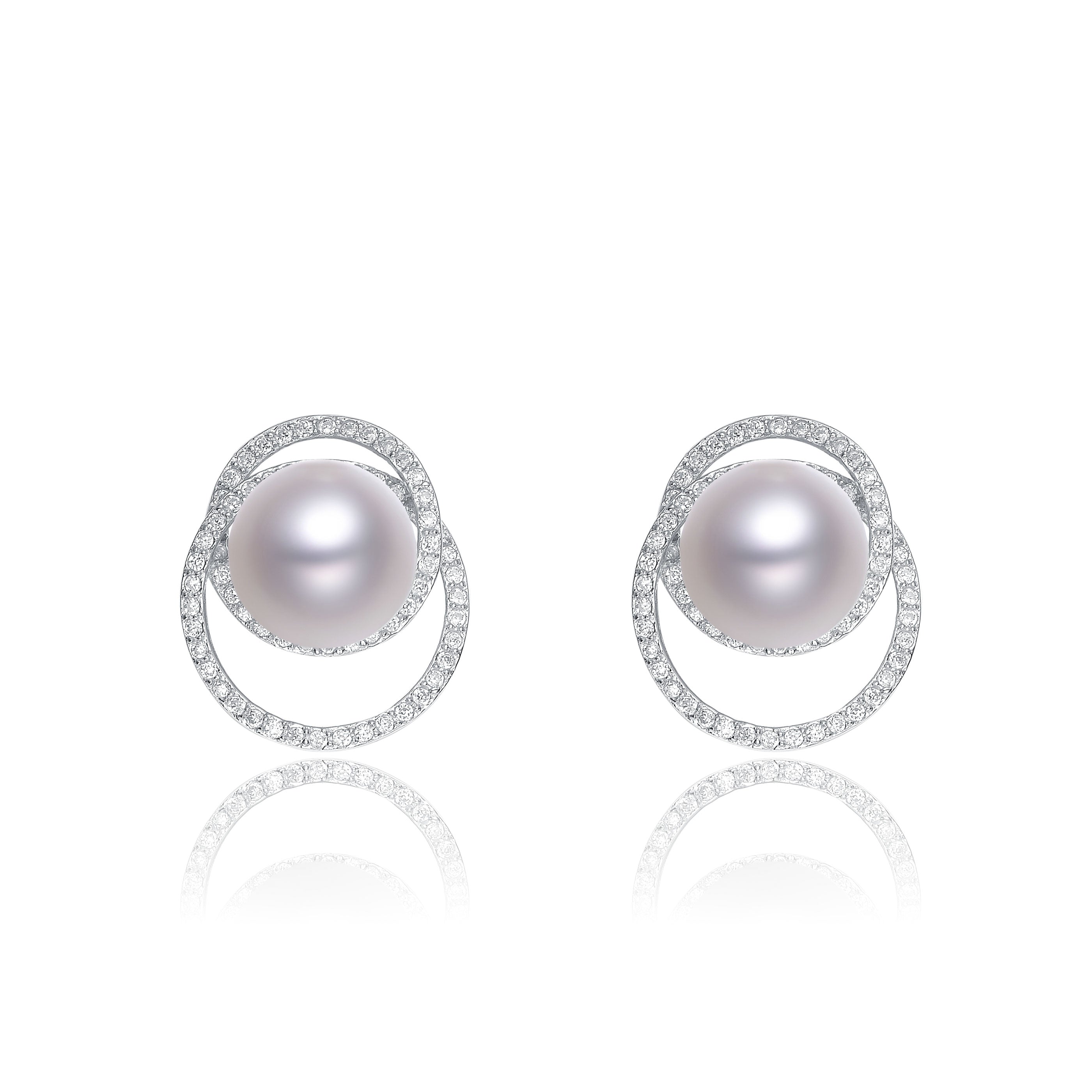 Genevive Jewelry Women's Cubic Zirconia Sterling Silver White Gold Plated With Round Pearl Earrings In White