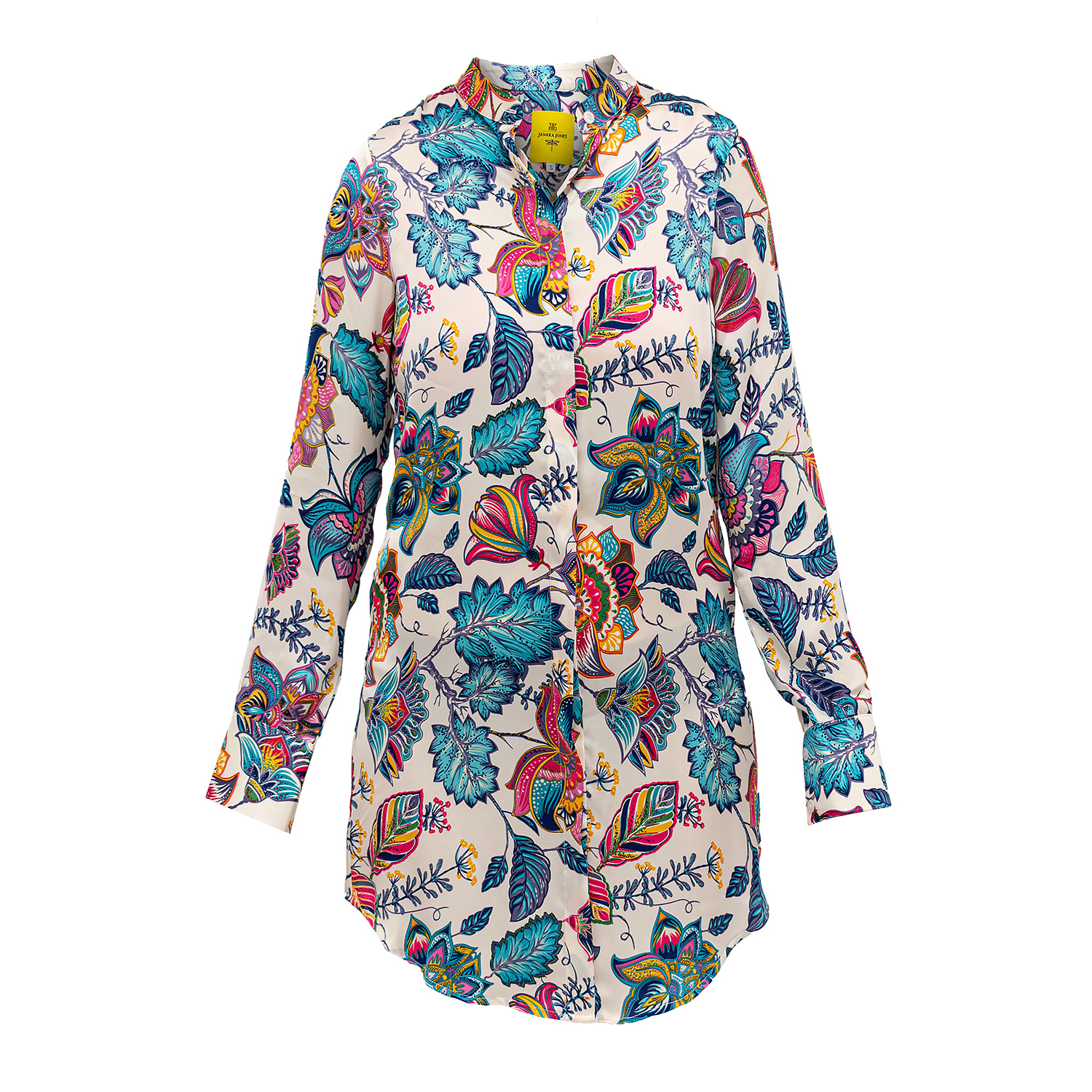 Janara Jones Women's White / Blue Miracle Garden Satin Long-sleeve Mandarin Collar With Tie Blouse In White/blue