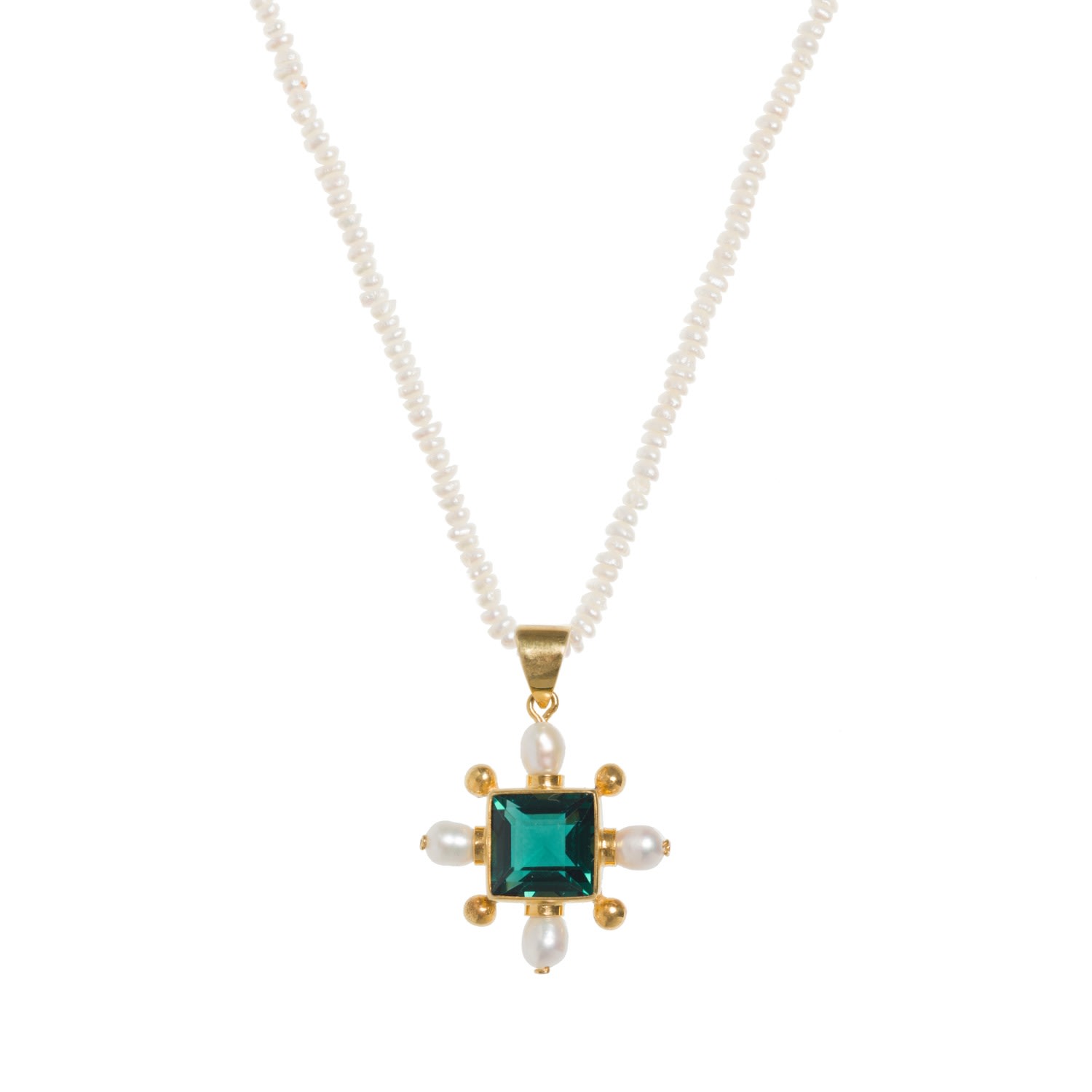 Freya Rose Women's Green / White / Gold Seed Pearl Necklace With Green Quartz Cross Pendant In Metallic