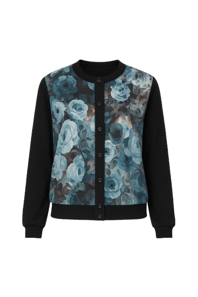 Conquista Women's Black Long Sleeve With Front In Print Fabric Cardigan In Black