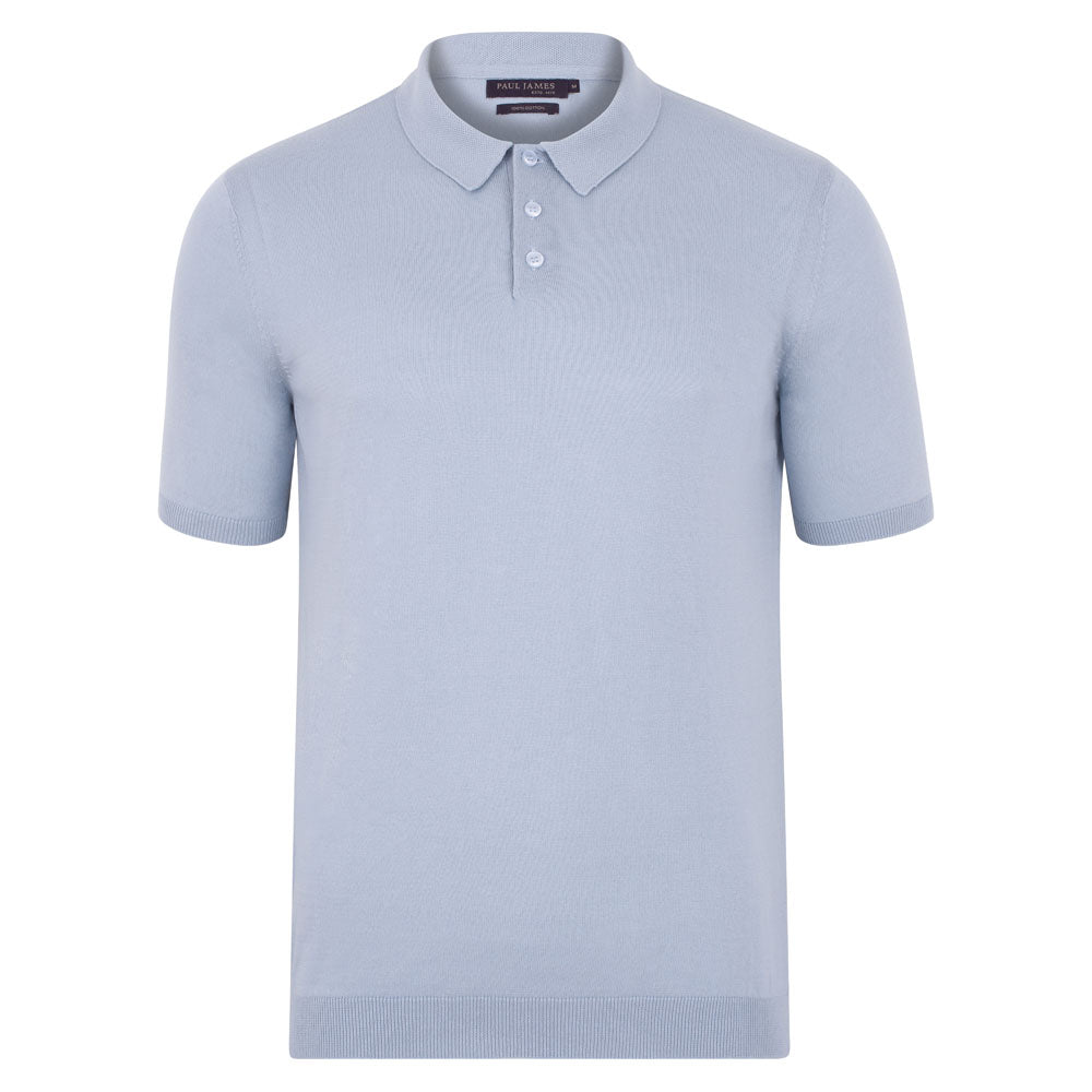 Paul James Knitwear Mens Ultra Fine Cotton Earl Short Sleeve Polo Shirt - Chalk Blue In Blue