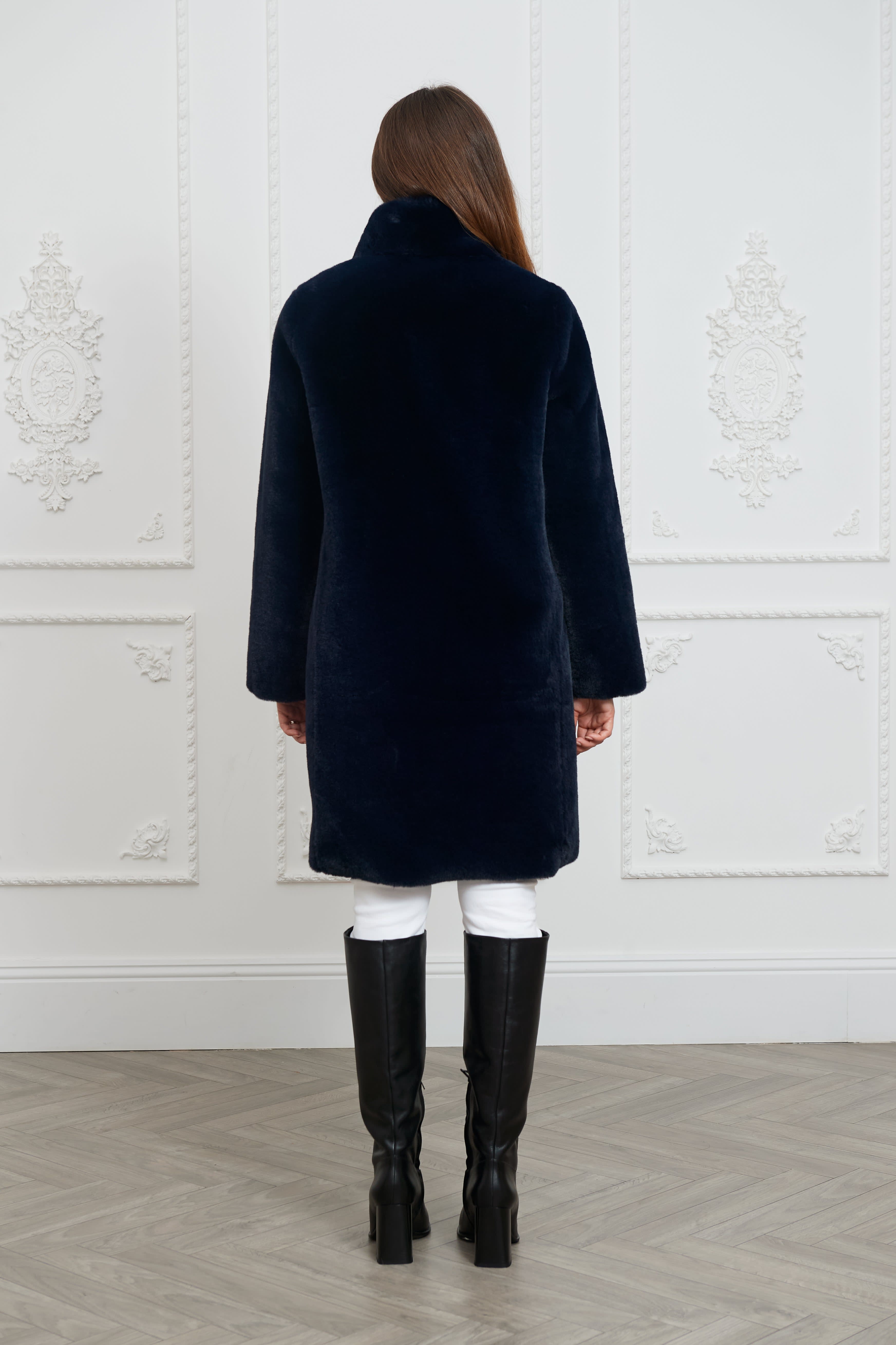 Jackie Faux Fur Shearling Coat Midnight Blue ISSY LONDON Wolf Badger