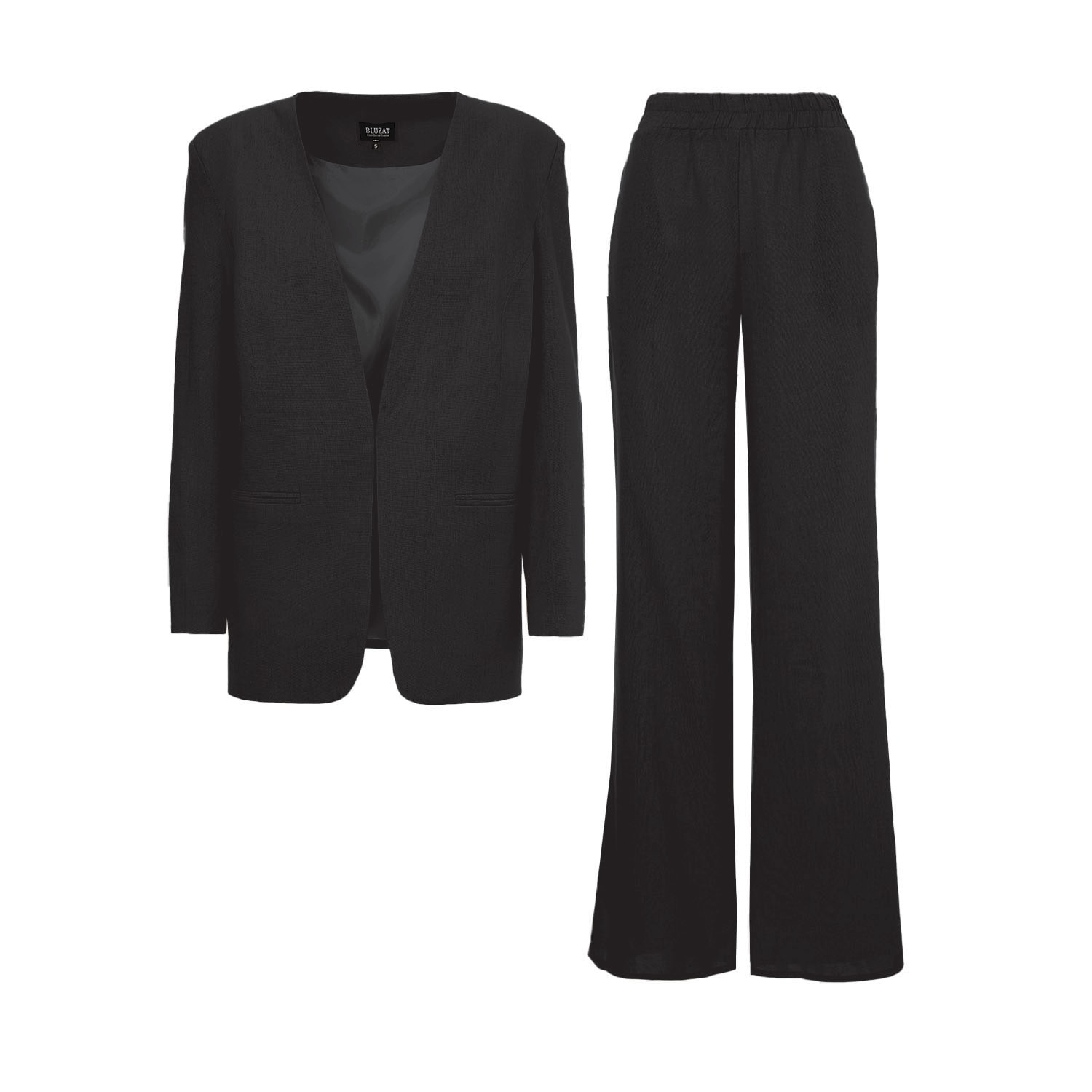 Bluzat Women's Black Linen Suit With Blazer And Straight Trousers In Black
