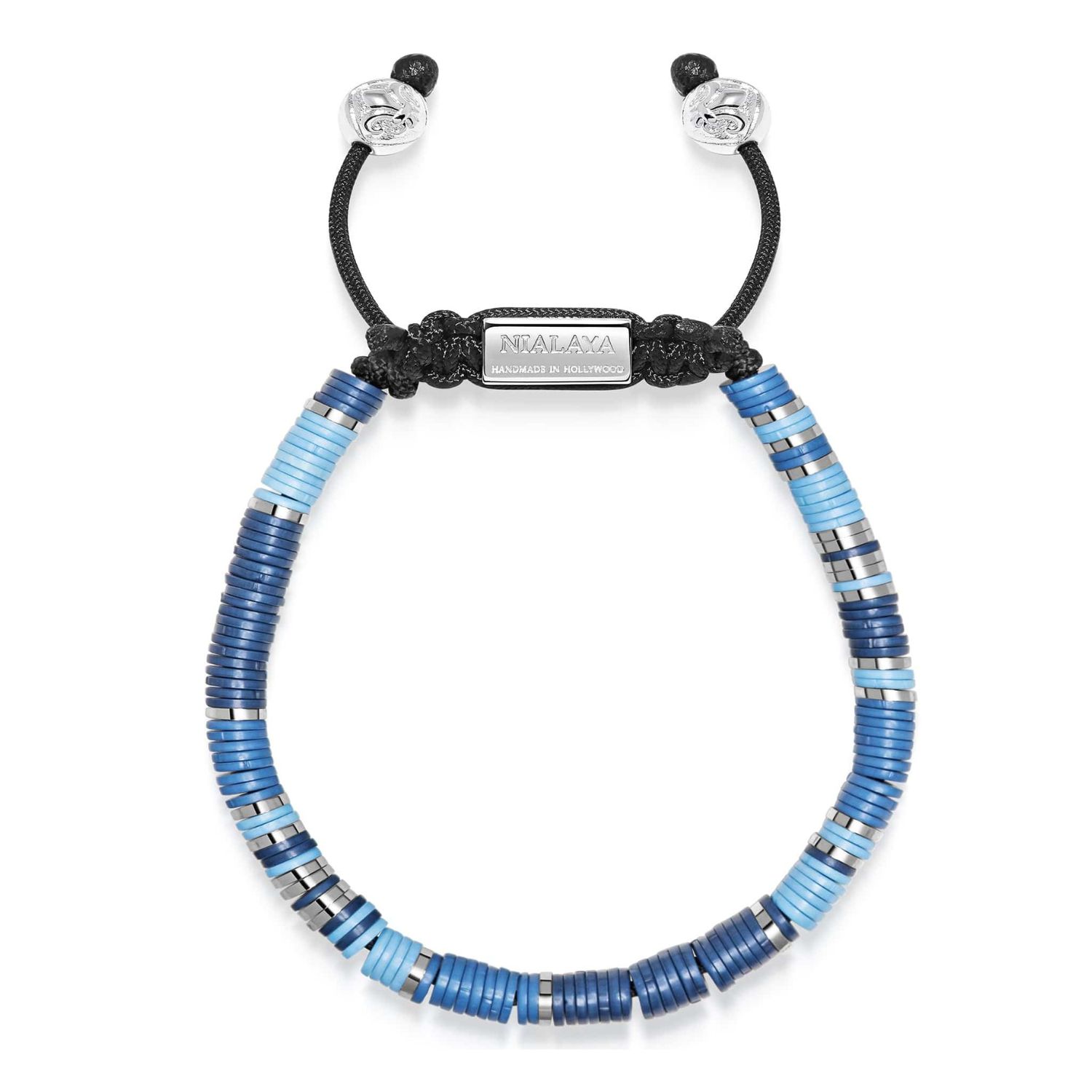 Nialaya Blue / Silver Men's Beaded Bracelet With Blue And Silver Disc Beads In Blue