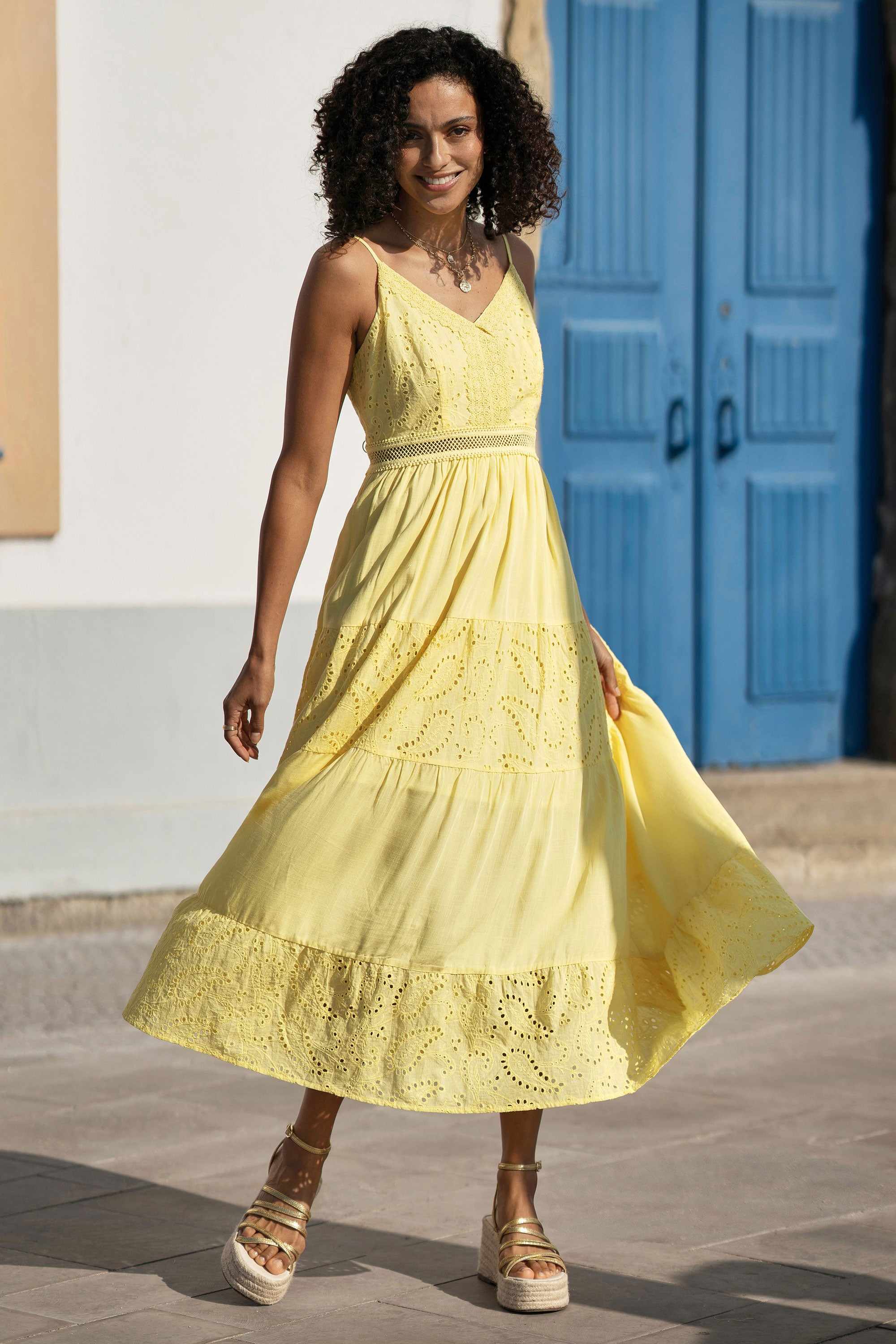 midi yellow lace dress Zalie | Yellow Lace High-Neck Belted Midi Dress