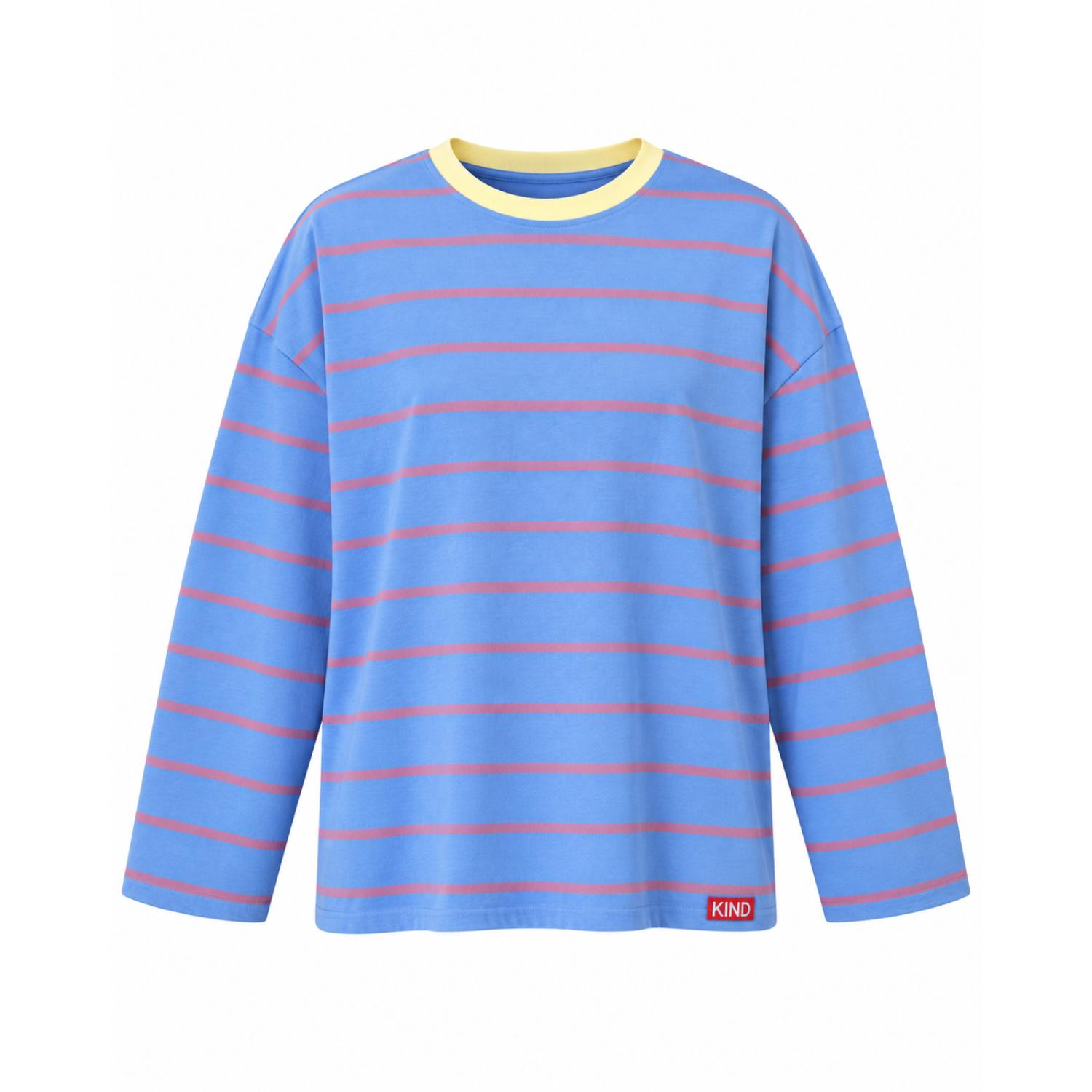 Mind Traveler Women's Lavender & Light Blue Striped Míriam Long Sleeve Top With Yellow Contrast Neck