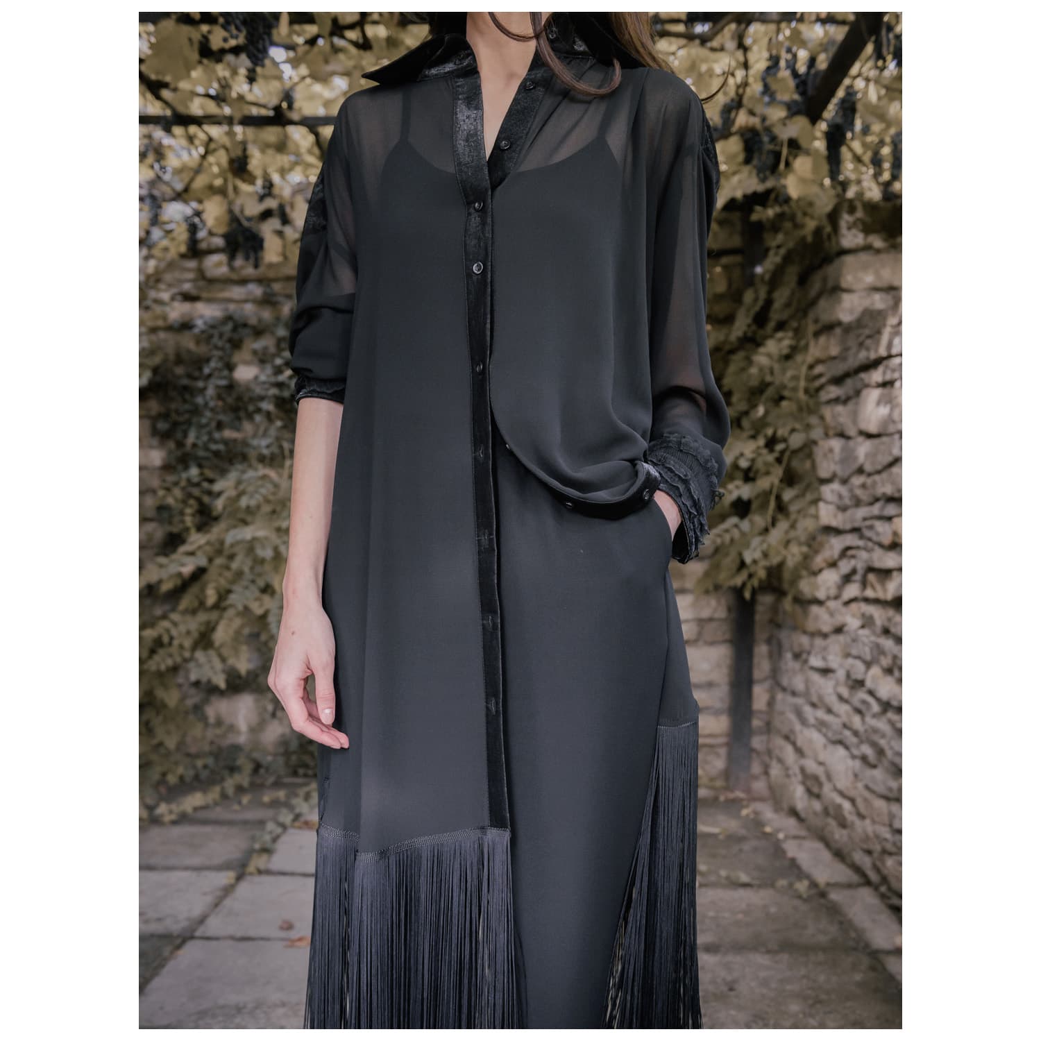 Oversized Black Sheer Shirt-Dress With Long Fringes | concept A trois |  Wolf & Badger