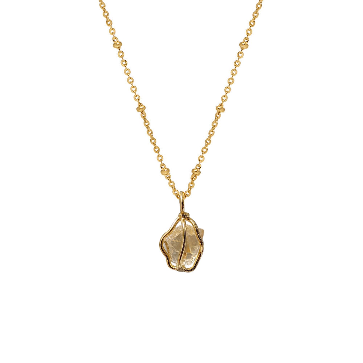 Women’s Gold Citrine Raw In Cage Pendant On Short Satellite Chain Mirabelle Jewellery