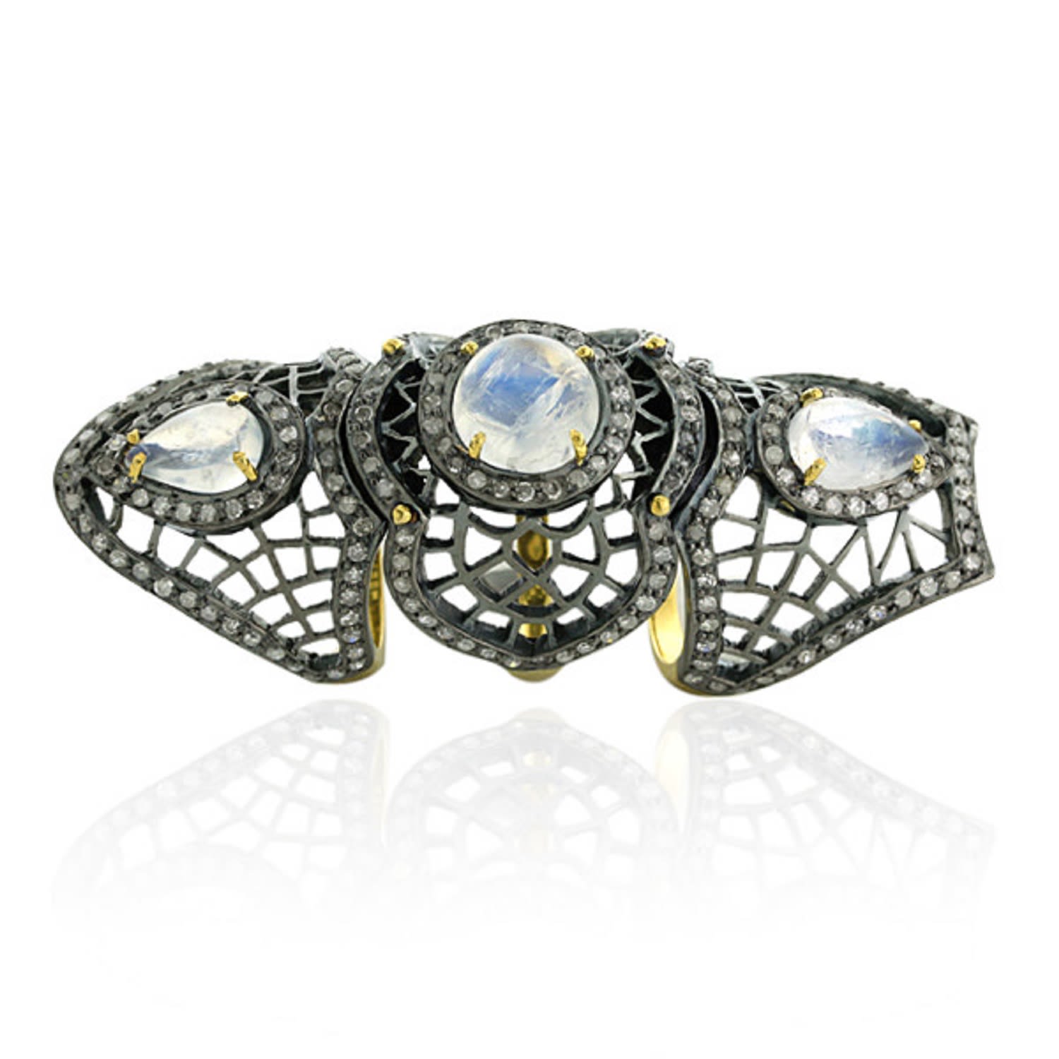 Women’s 18K Gold & 925 Silver In Moonstone With Prong Diamond Knuckle Long Ring Artisan