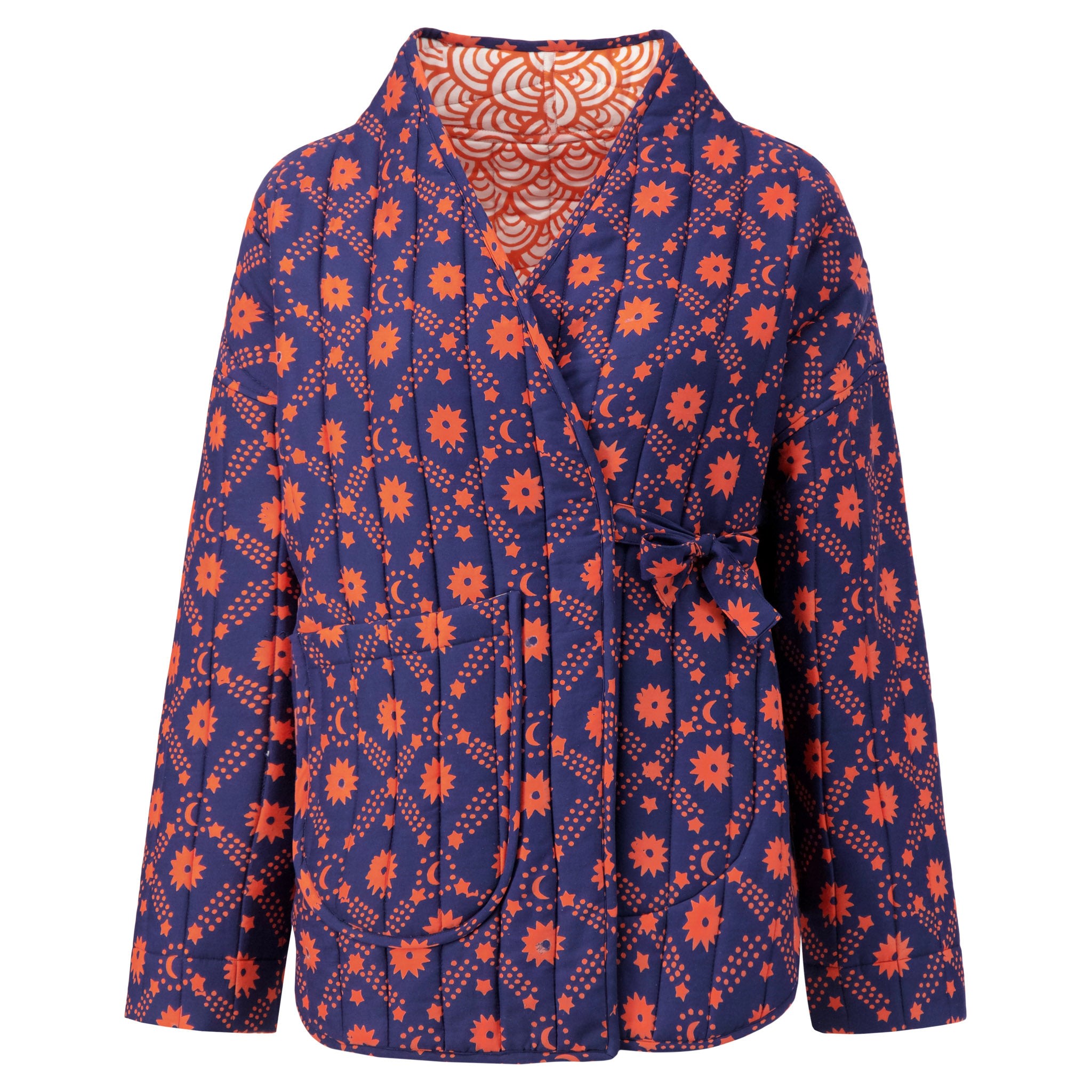 Women’s Yellow / Orange / Blue Sonia Reversible Quilted Organic Cotton Long-Sleeved Jacket With Side Closure Ties And Front Pockets In Navy And Orange Starlight-Orange And White Koi Block Print One Size Kate Austin Designs