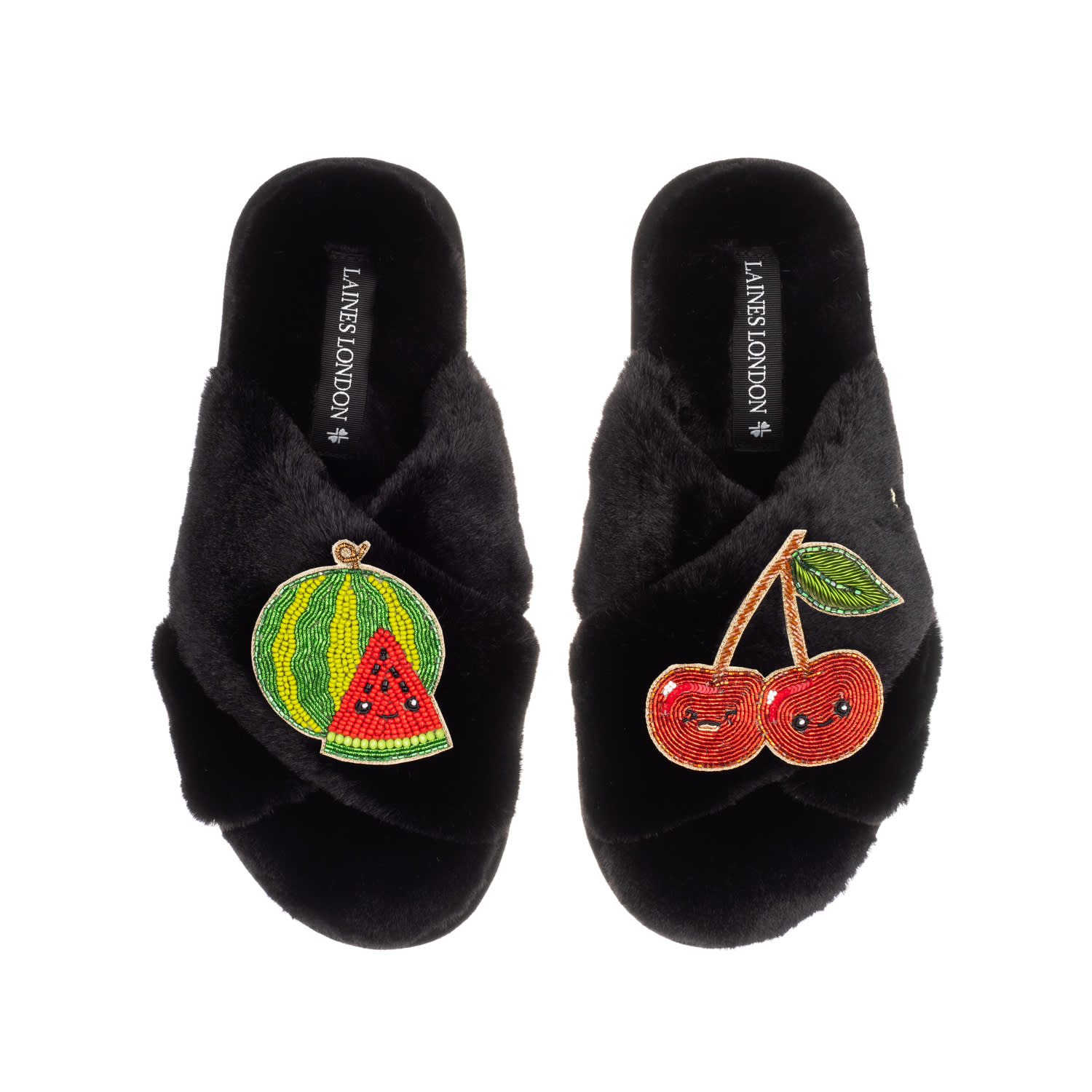 Laines London Women's Classic Slippers With Laines Loveables Watermelon & Cherry Brooches - Black In Black