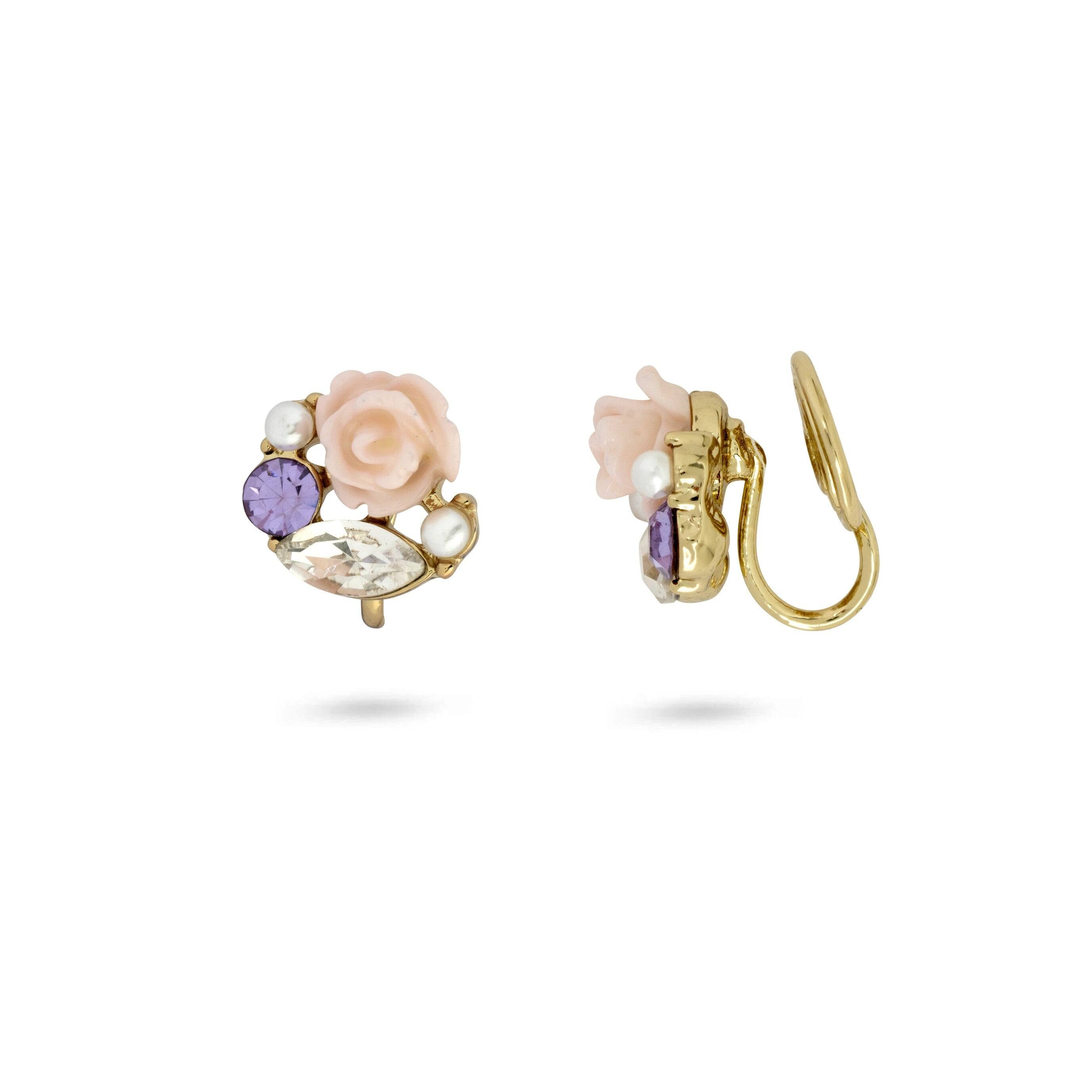 Gold Trip Women's Gold / Pink / Purple Tiny Rose Clip On Earrings In Gold