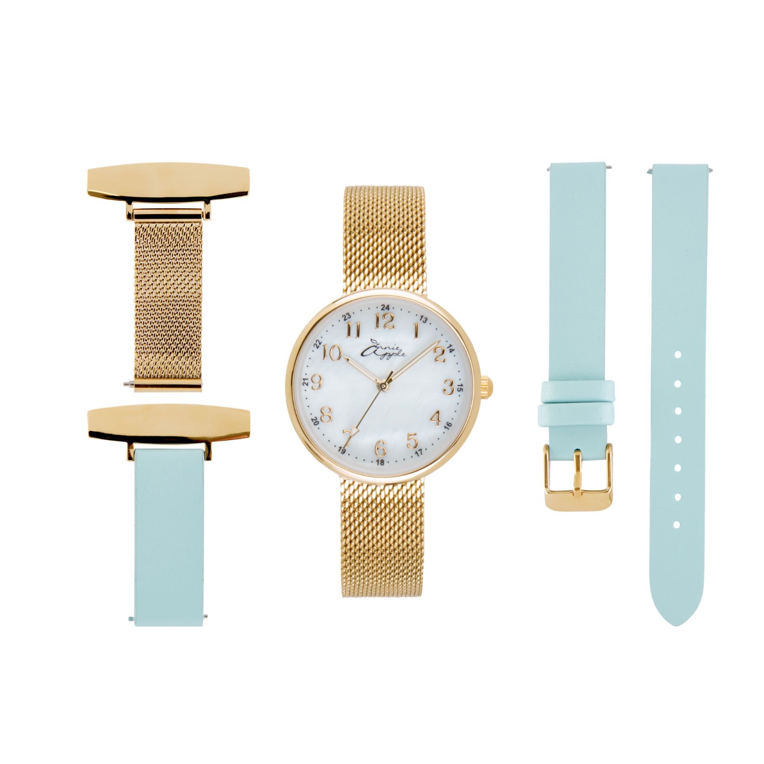 Women's Gold / Blue Annie Apple Venus Interchangeable, Mother Of Pearl, Gold Mesh, Blue Leather Nurses Fob Watch | Bermuda Watch Company