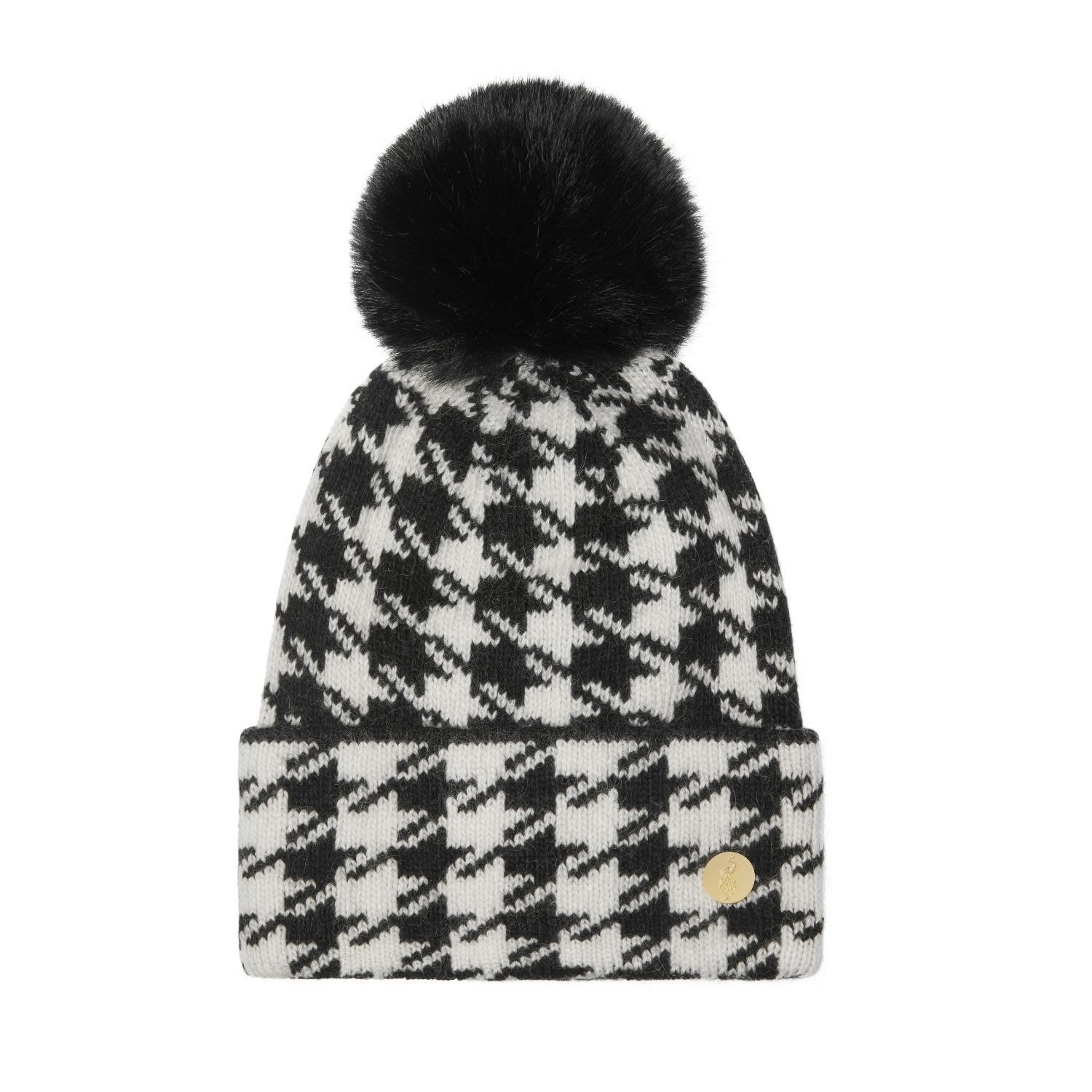 Women’s Black Houndstooth Cashmere Pom Pom Hat One Size Hortons England